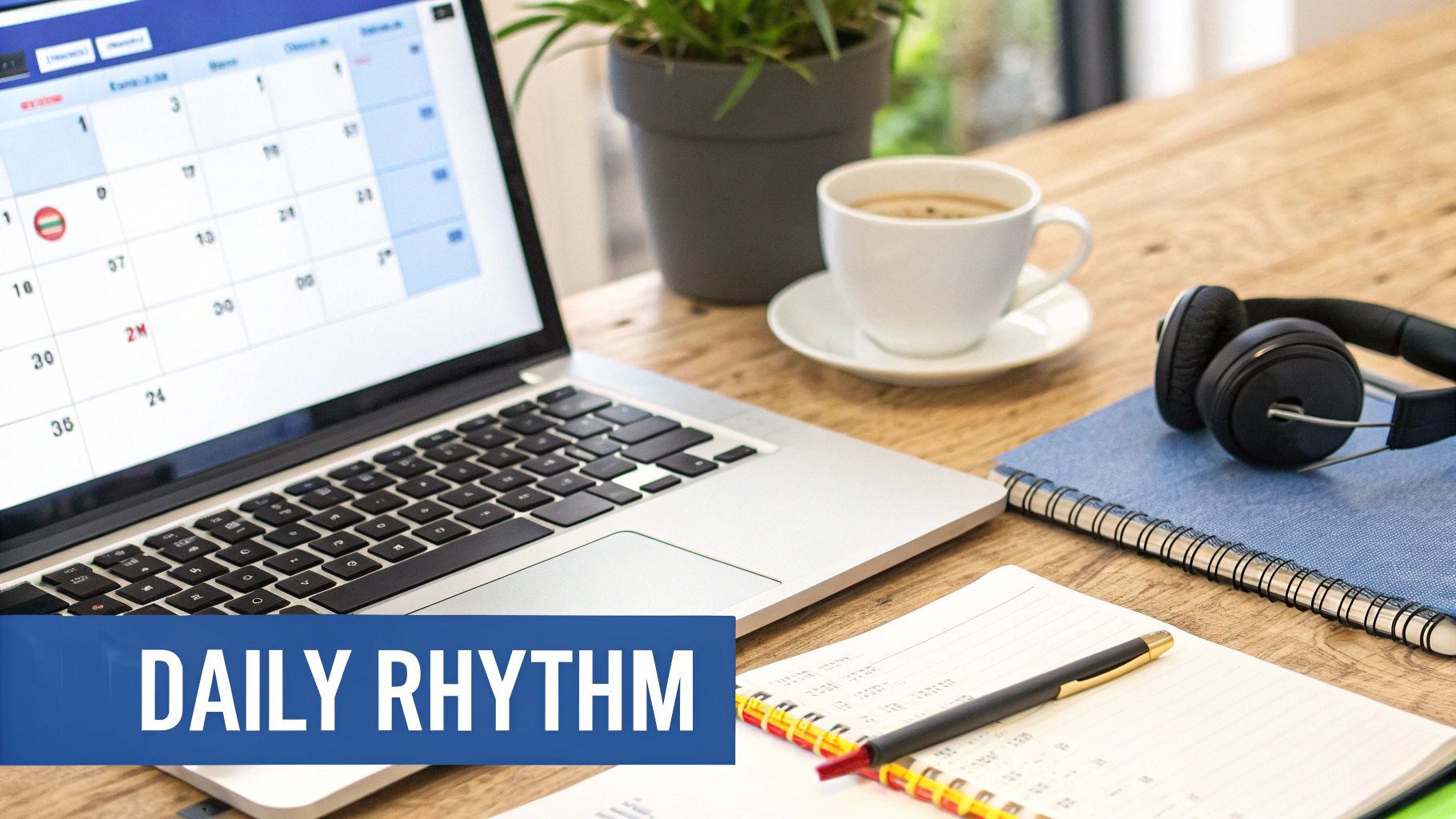 A laptop displaying a calendar, a cup of coffee, headphones, and notebooks on a wooden desk with a 'DAILY RHYTHM' banner.