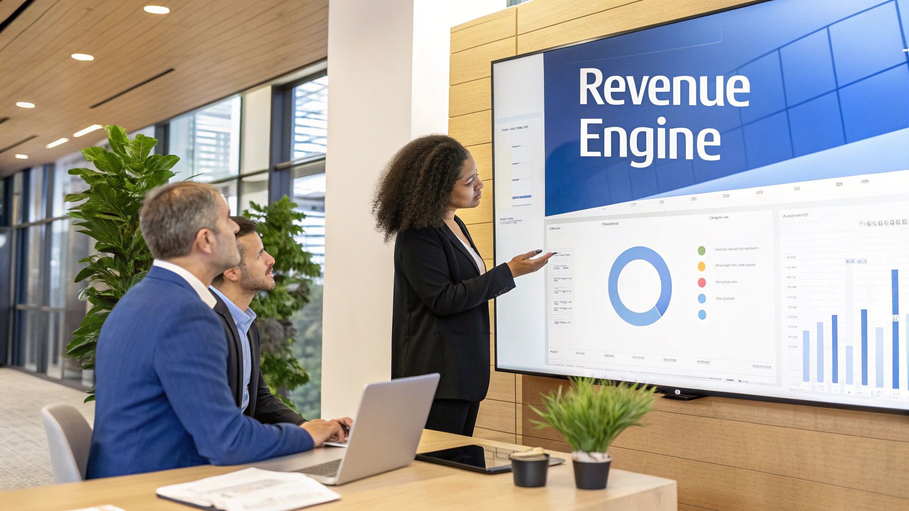 Business team analyzing revenue engine dashboard with data visualization and performance metrics