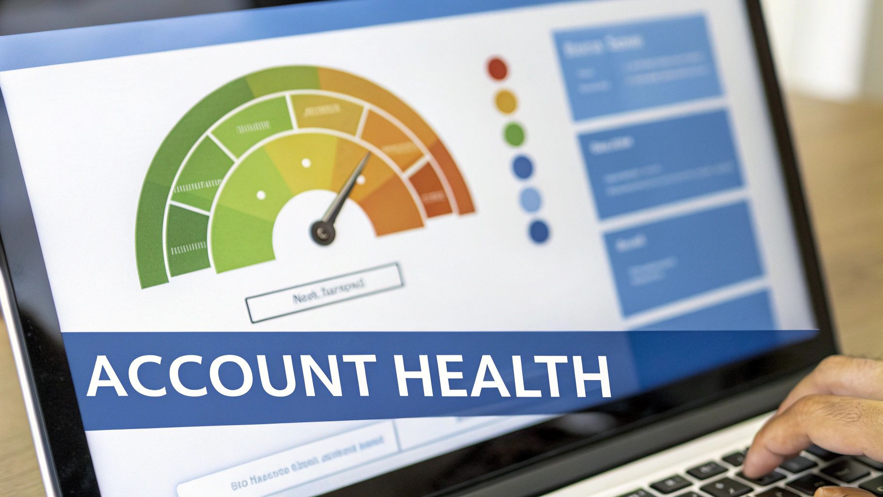 A person views an 'Account Health' dashboard on a laptop, displaying a colored gauge chart and data.