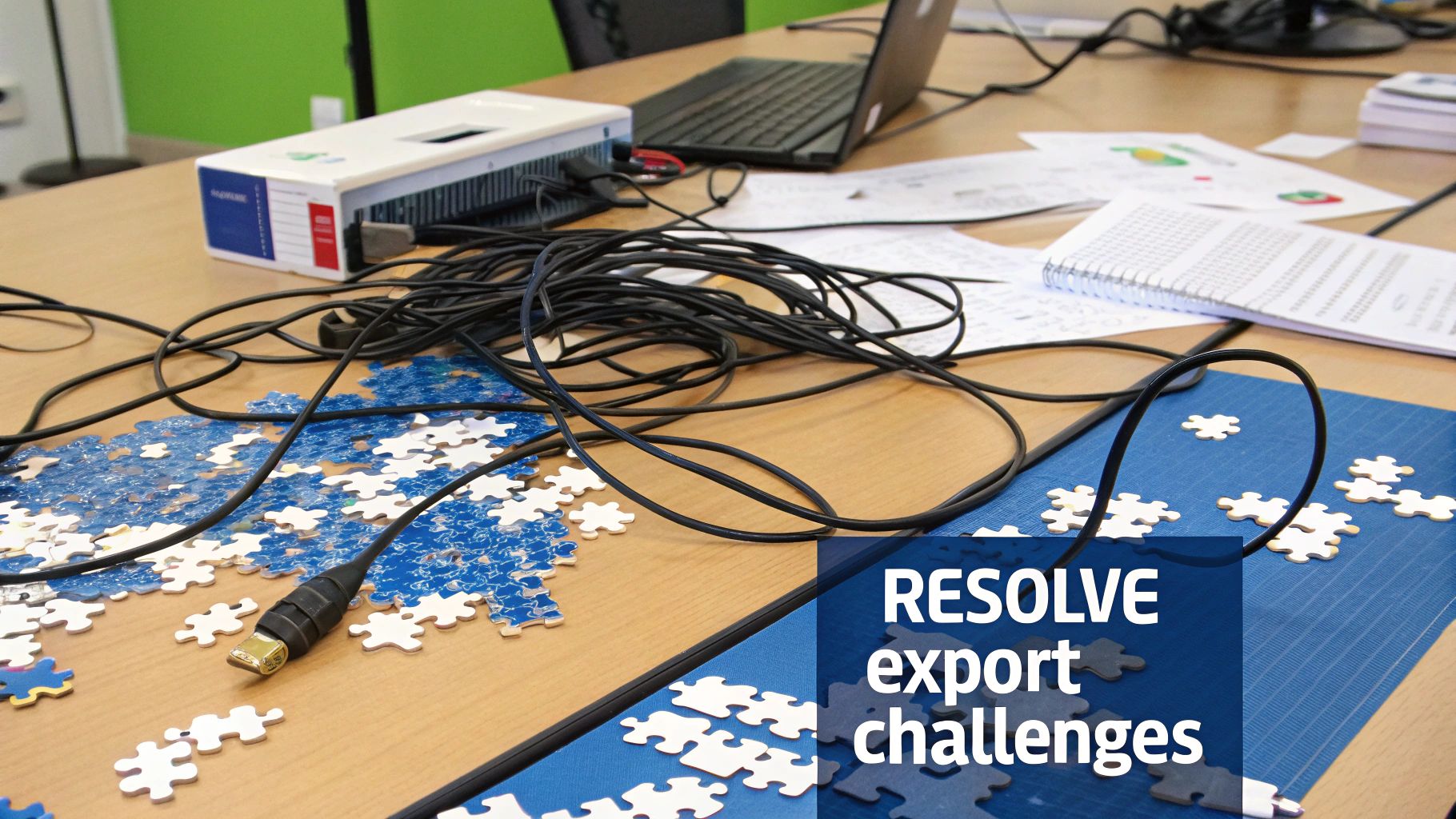 A messy desk with tangled cables, a laptop, and scattered puzzle pieces next to a text overlay.