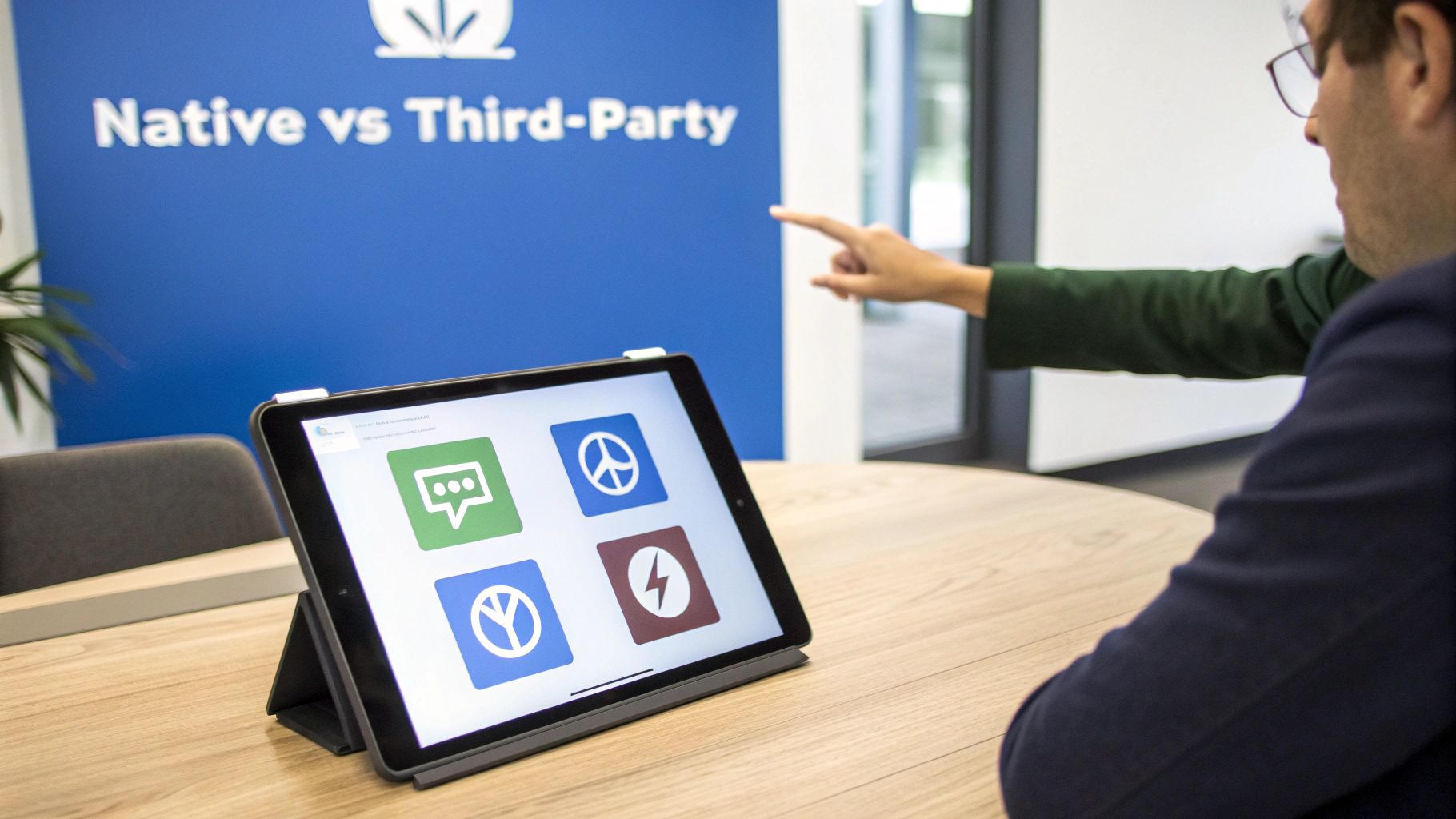 Two people in an office, one points at an iPad showing app icons, with 'Native vs Third-Party' on a wall.