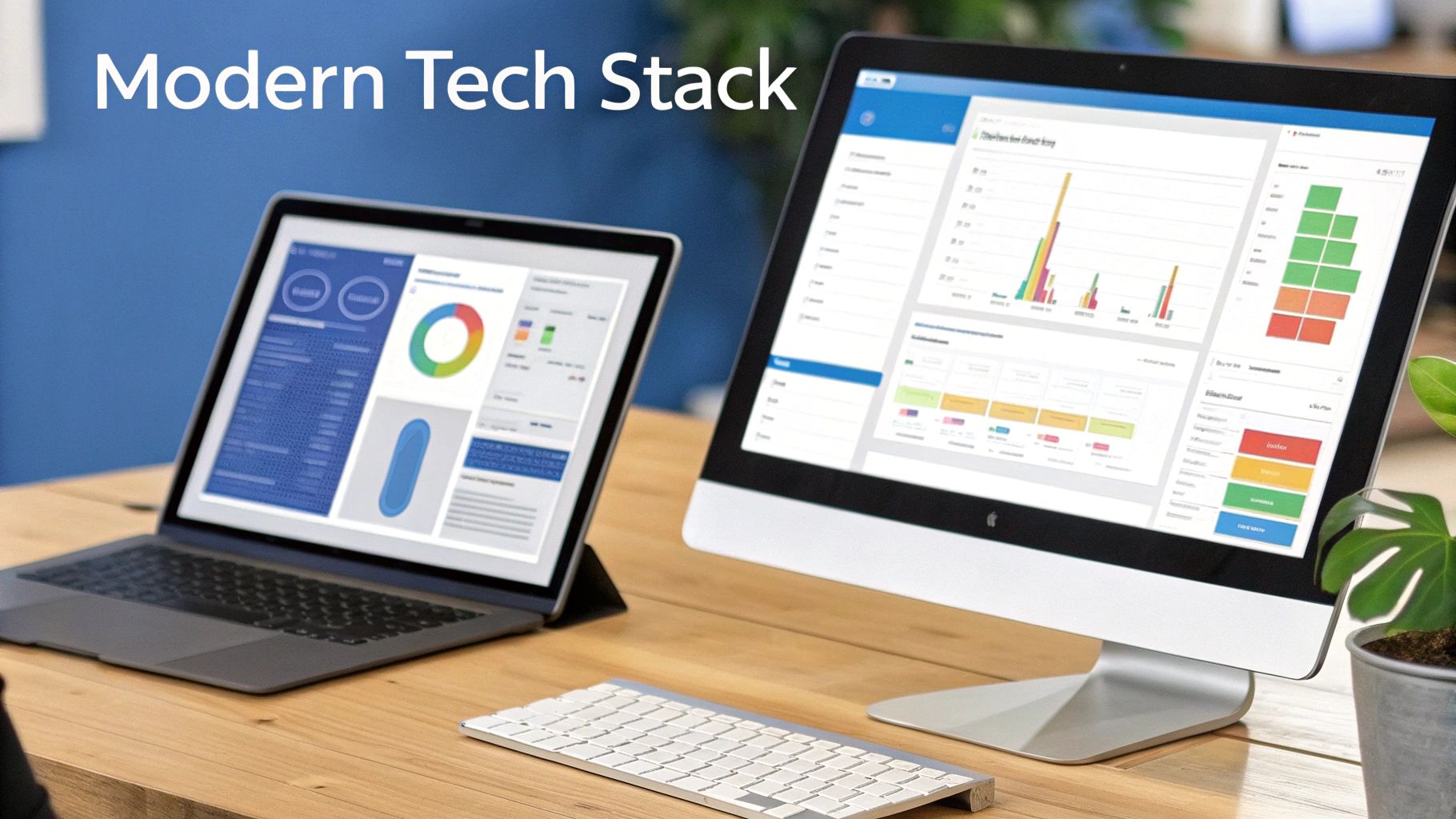 Laptop and monitor showing data dashboards on a desk, representing a modern tech stack.