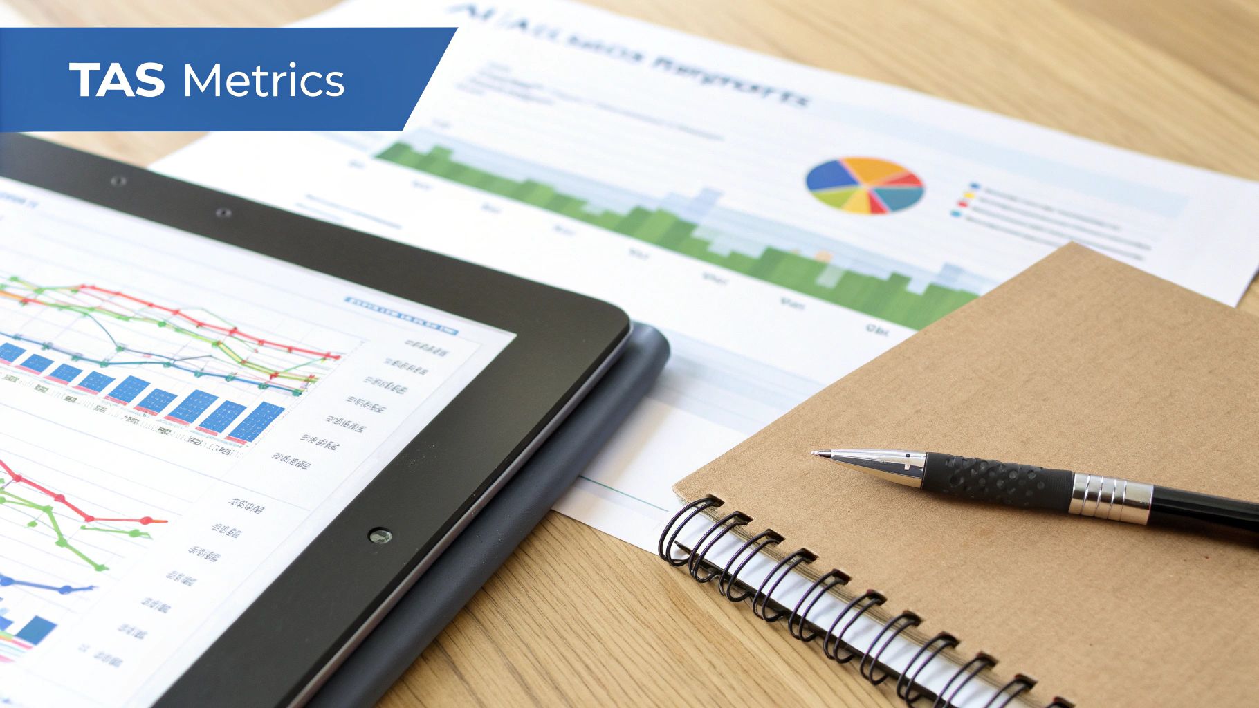 A tablet displaying sales metrics and data visualizations next to a notebook, pen, and report.