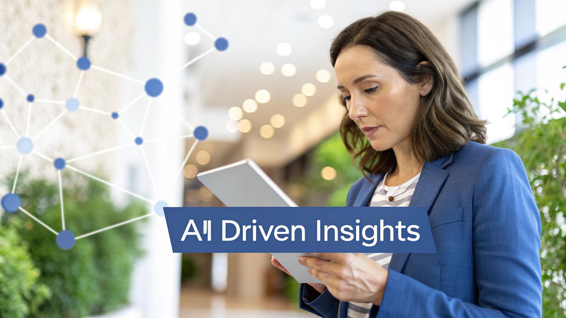 Professional woman reviewing AI-driven insights on a tablet with a network graph in the background.