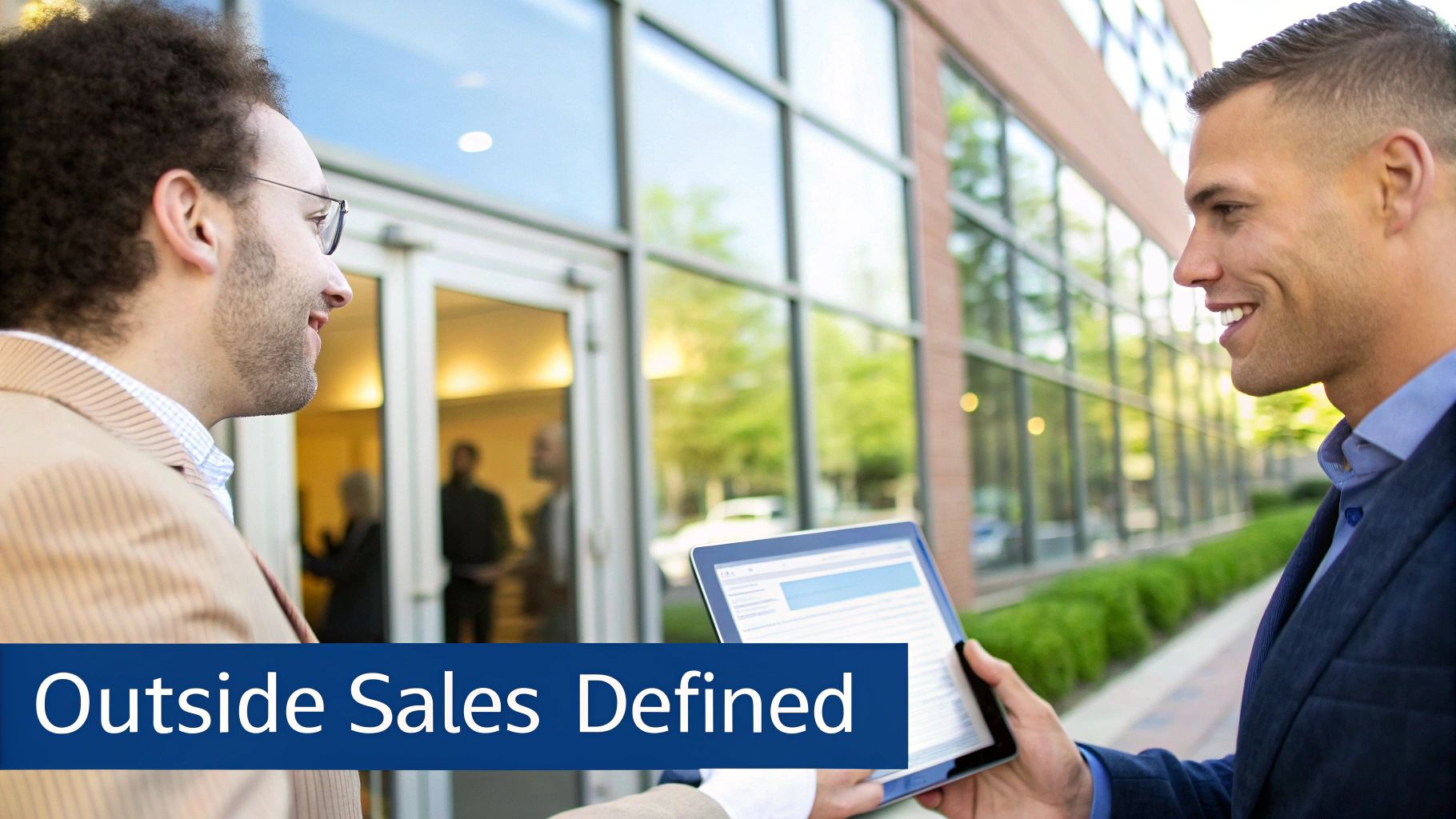 Two smiling businessmen discuss outside sales with a tablet in front of a modern office building.