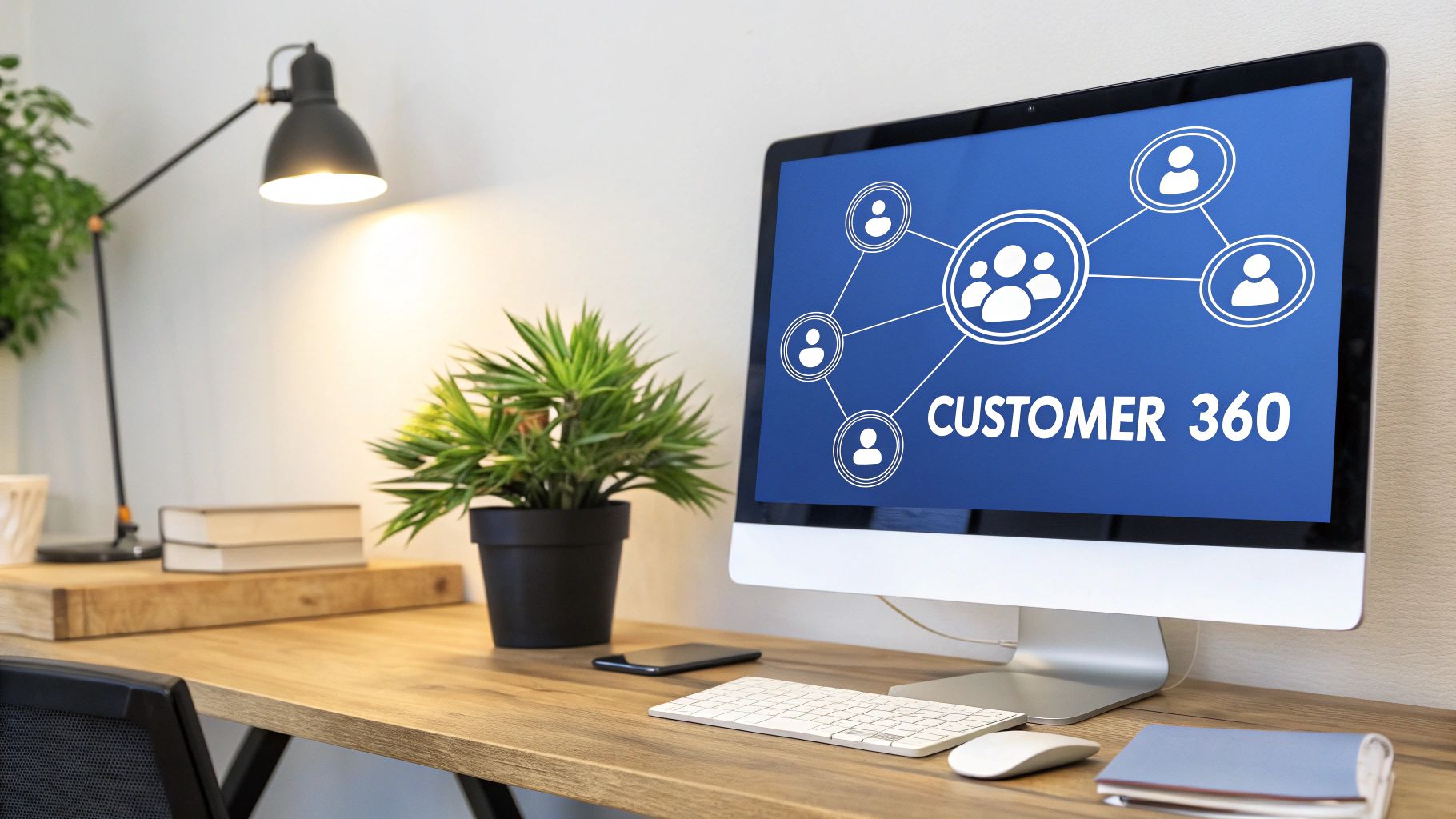 A computer monitor on a modern wooden desk displays 'Customer 360' with connected user icons.