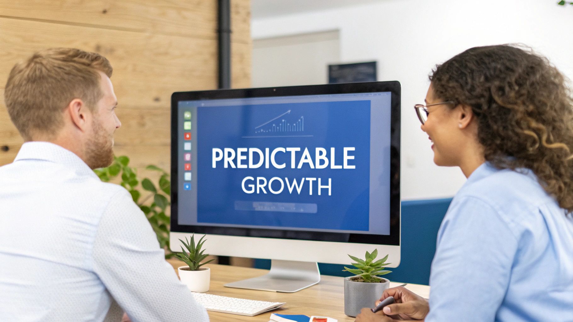 A professional working on a laptop displaying data dashboards, illustrating the tangible results of RevOps optimization.