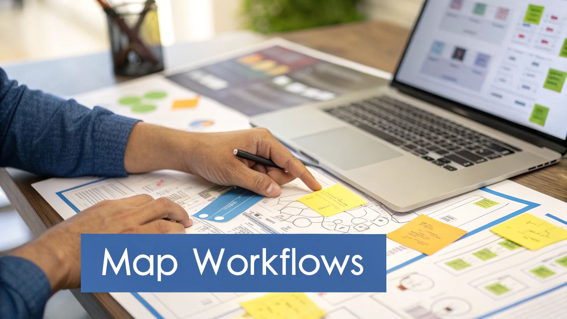 A visual workflow diagram showing interconnected steps and decision points, representing the process of mapping business workflows.