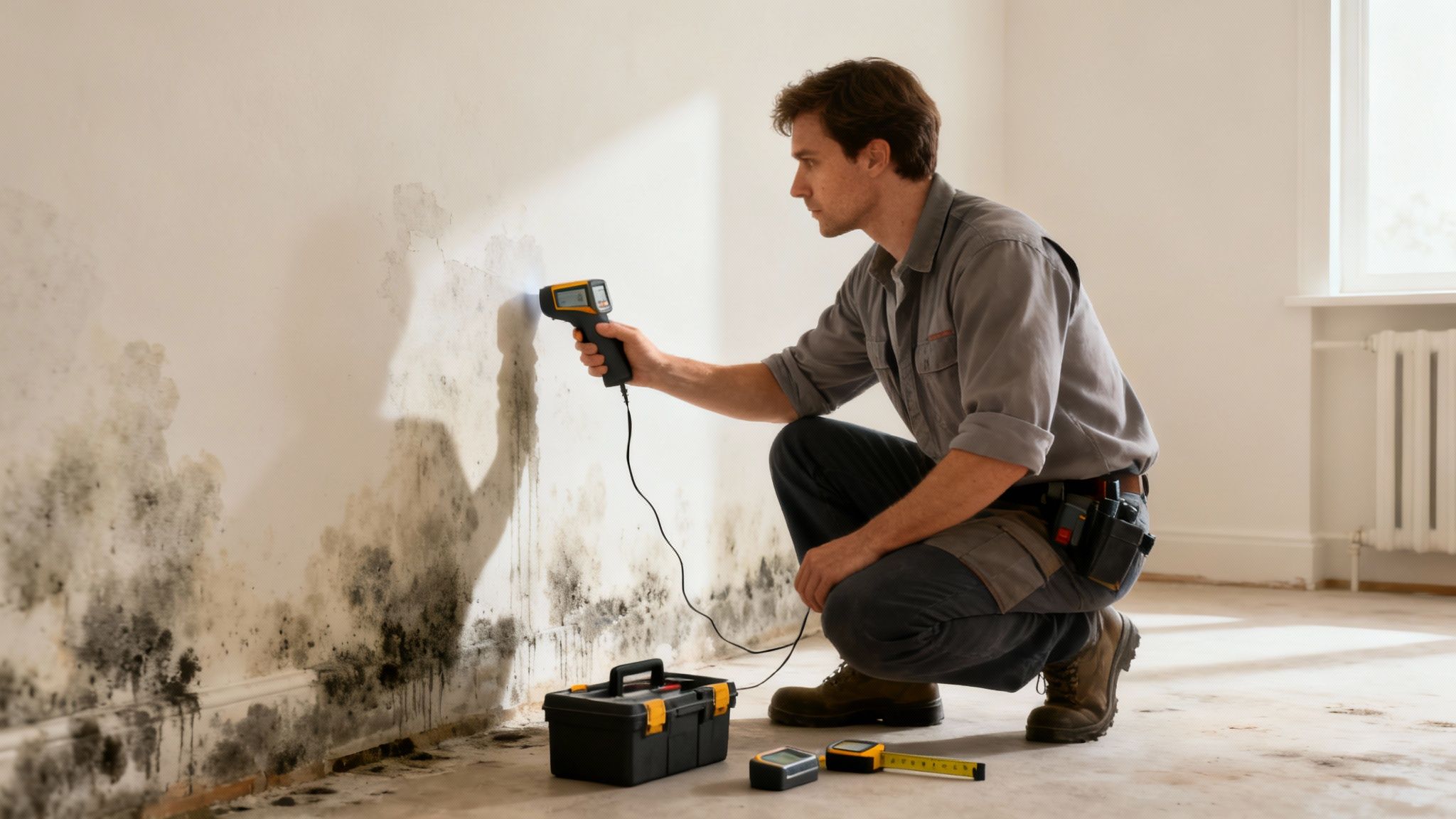 En professionel håndværker fra NKL Tømrer & Snedker i gang med at undersøge en væg for skimmelsvamp