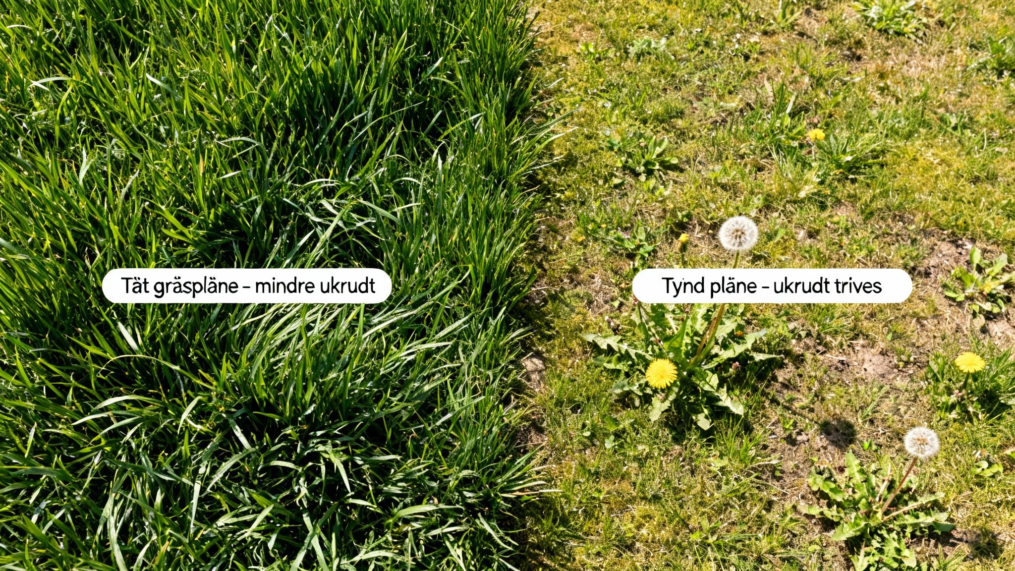 Billede der sammenligner en tæt, grøn græsplæne med få ukrudt og en tynd græsplæne fuld af mælkebøtter.