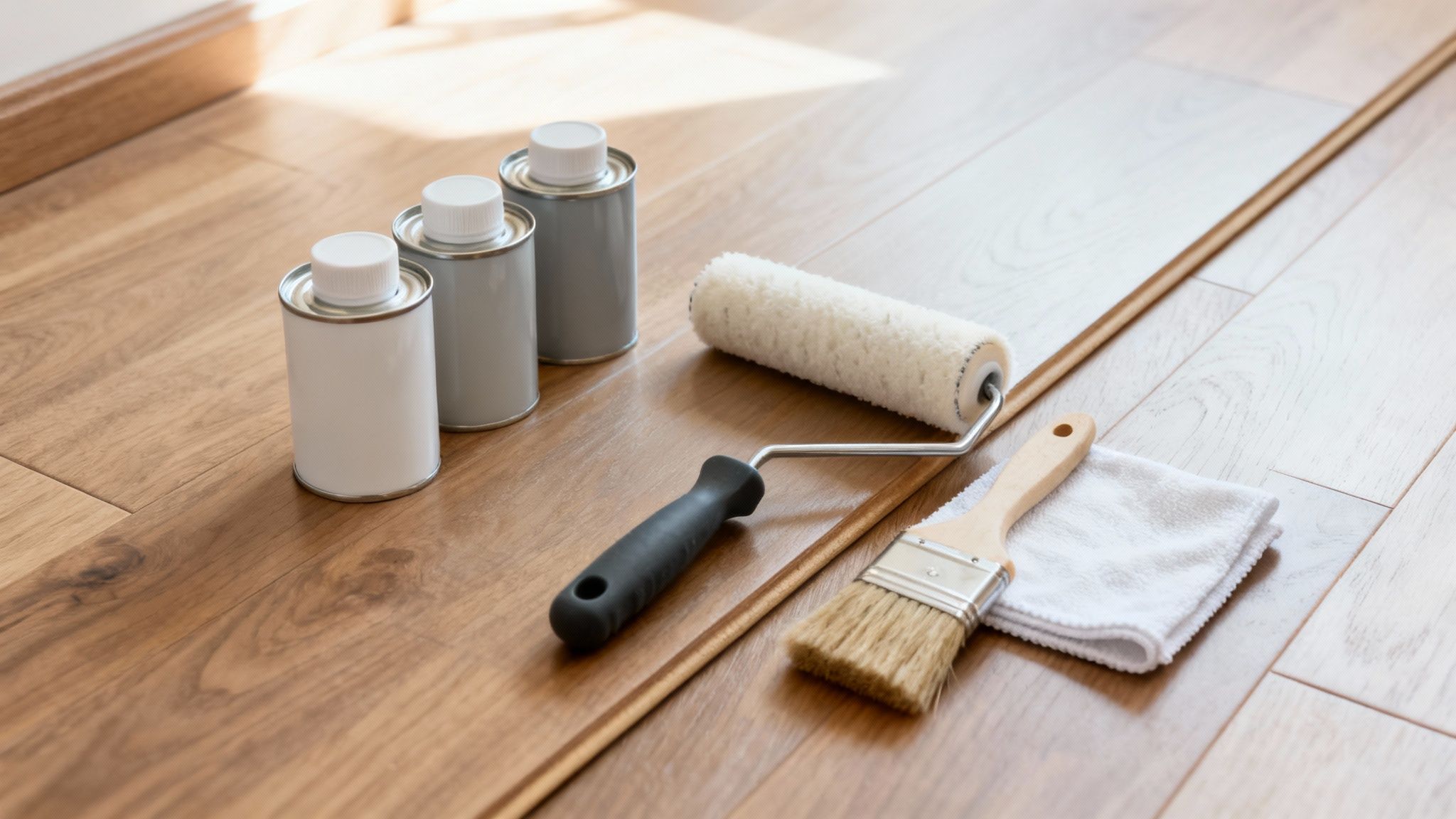 Olie, malerrulle og pensel klar til oliering af trægulv i et lyst rum.