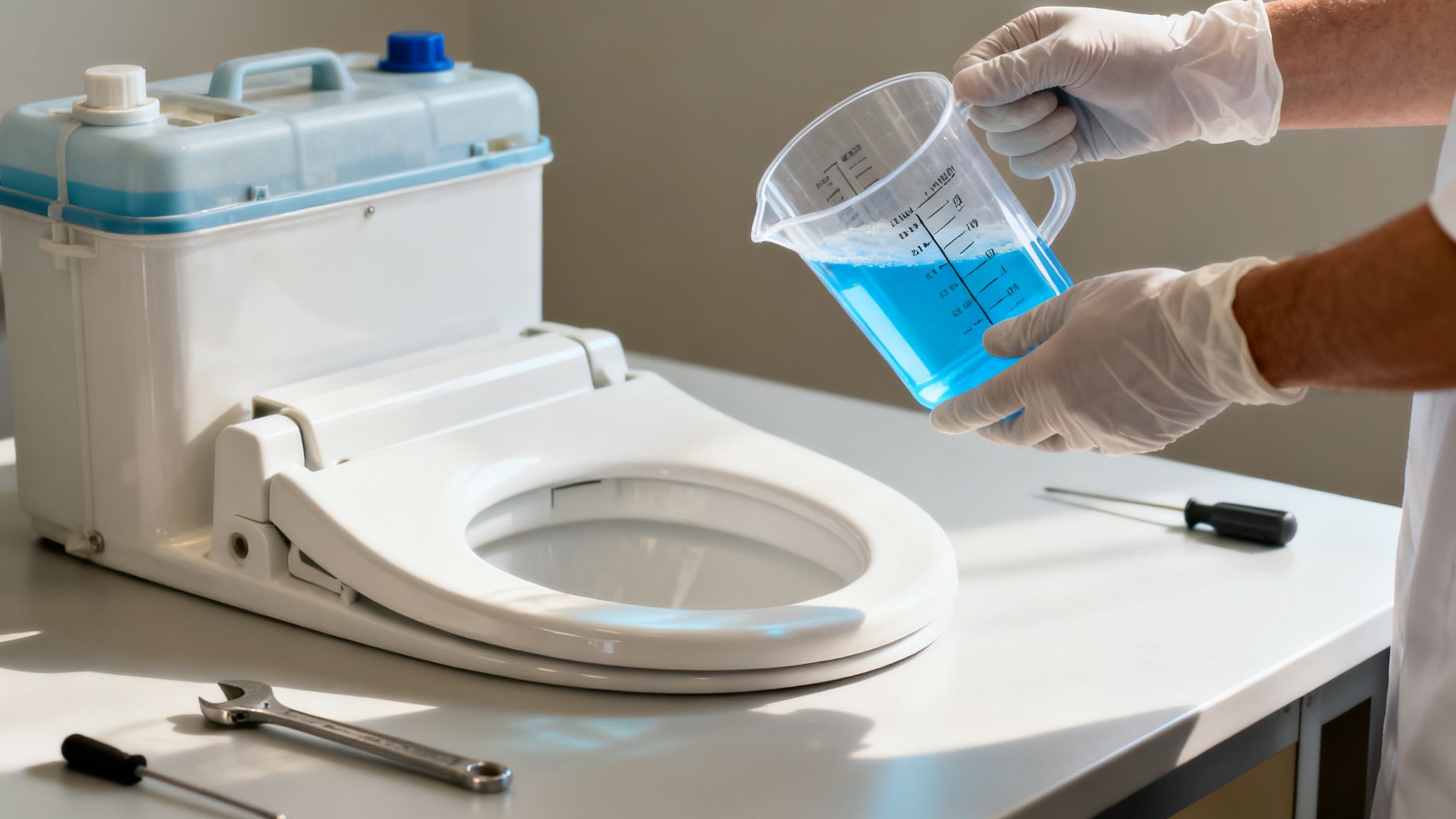 En person i hvide handsker hælder blå væske fra et målebæger i et kemisk toilet. Værktøj ligger på bordet.