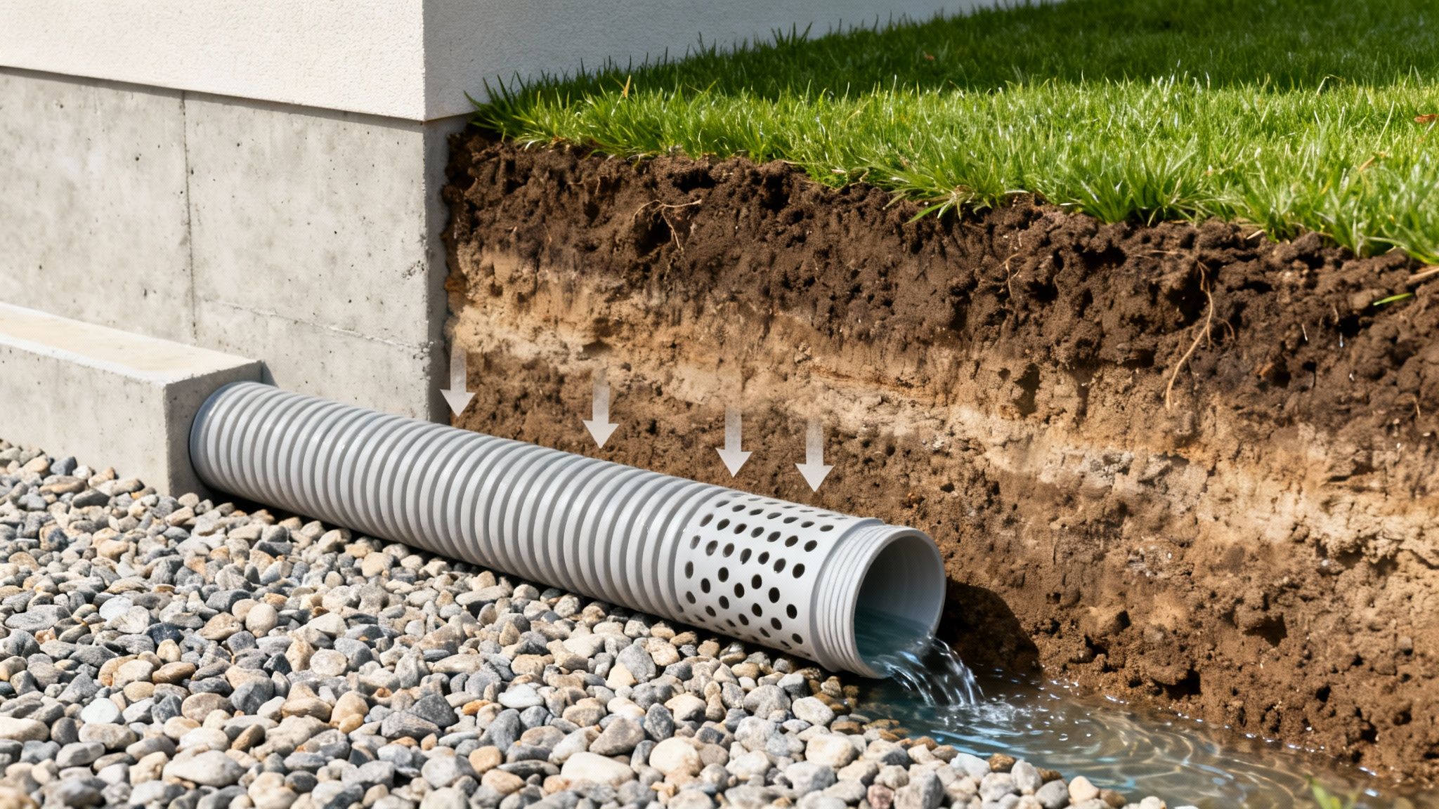Drænsystem omkring et husfundament, der viser, hvordan vand ledes væk gennem et perforeret rør i grus.