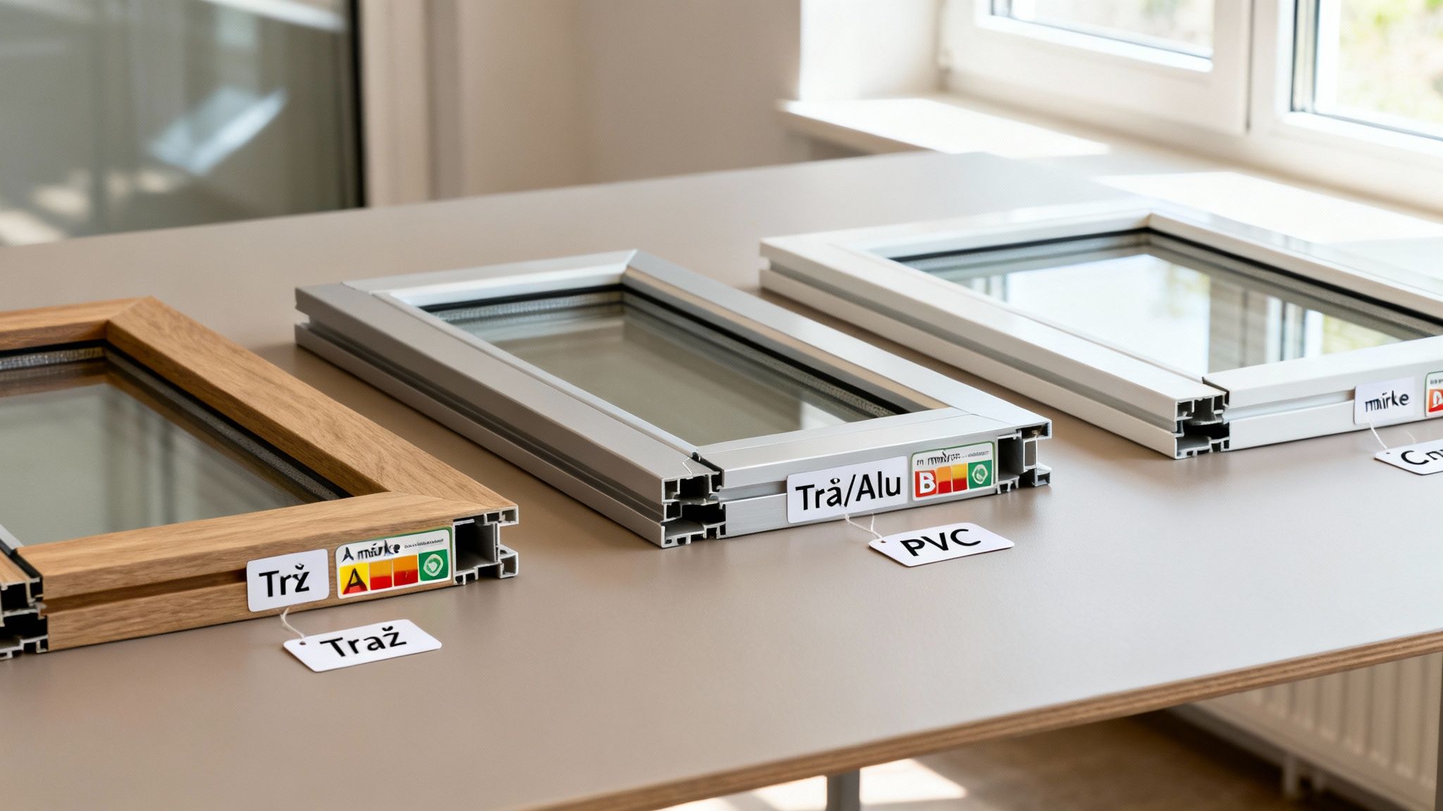 Tre vinduesrammeprøver i træ, træ/alu og PVC med energimærker og materialemærkater udstillet på et bord.