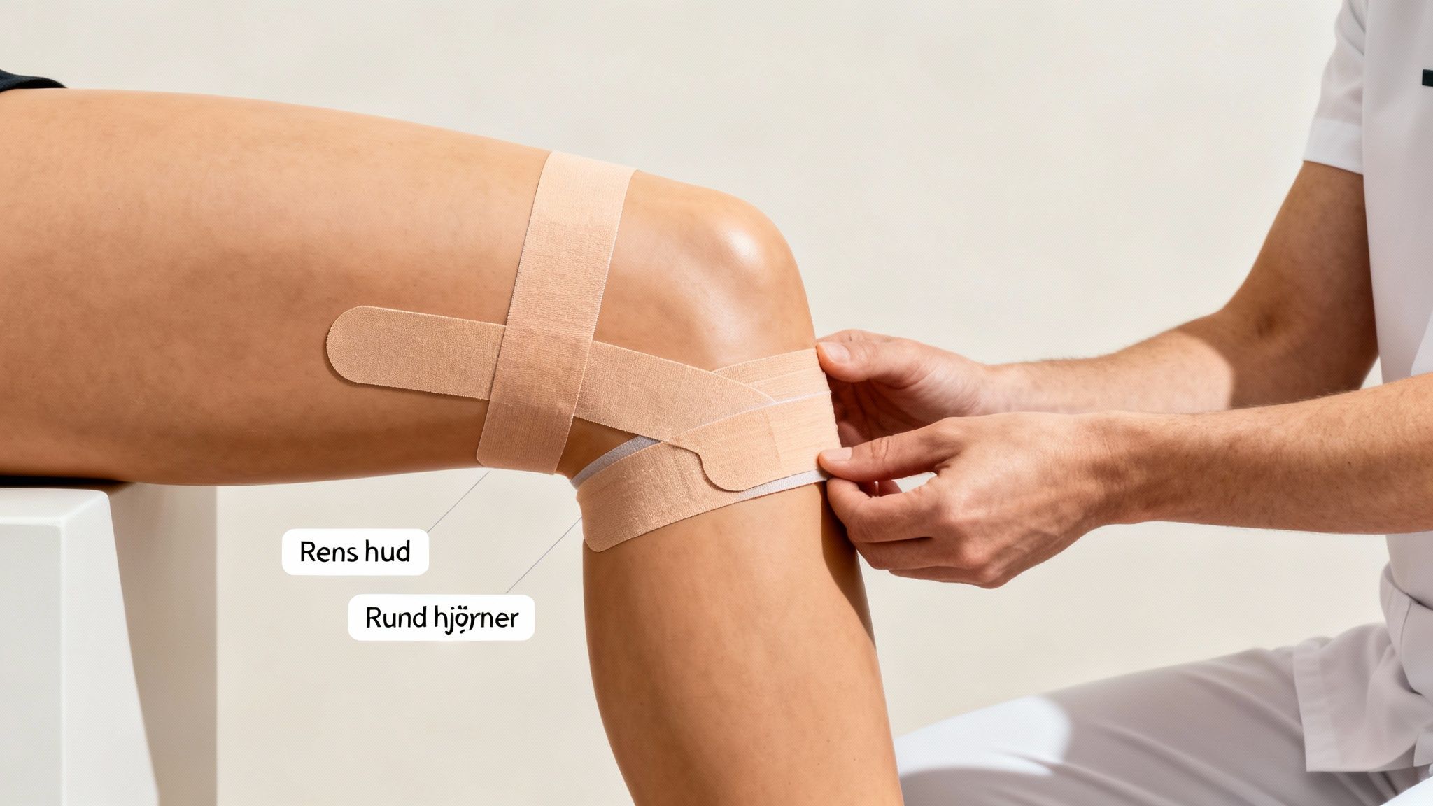 En terapeut påfører sportstape på en patients knæ. Tapen er beige, og instruktioner om ren hud og afrundede hjørner vises tydeligt.
