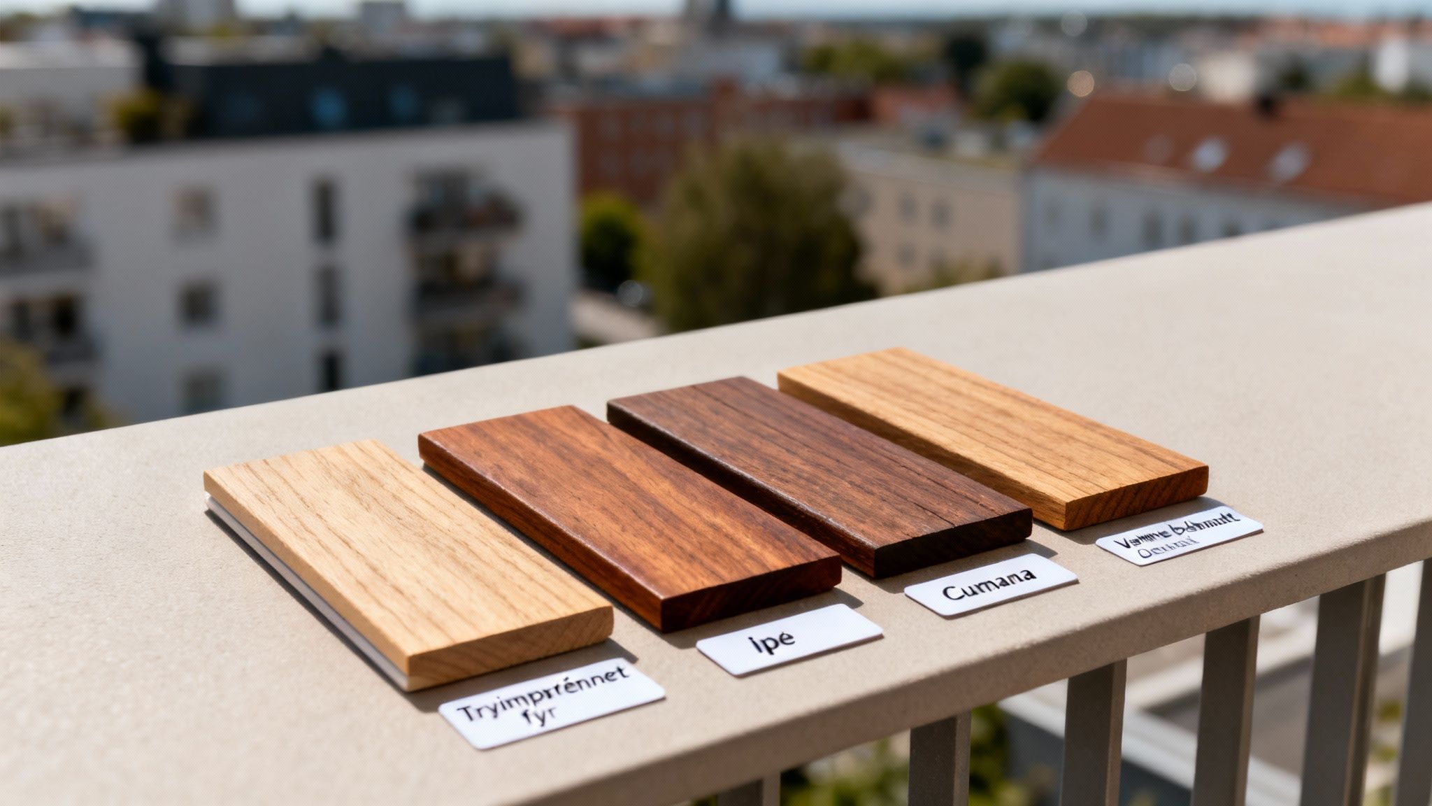 Fire forskellige træprøver af trægulv på en altan, med navne som Ipe og Cumana synlige.