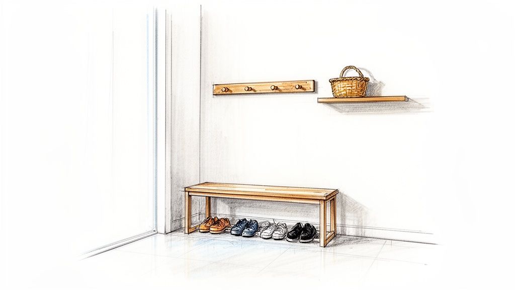 En illustration af en lys entré med en træbænk, knagerække, hylde og en kurv til opbevaring.