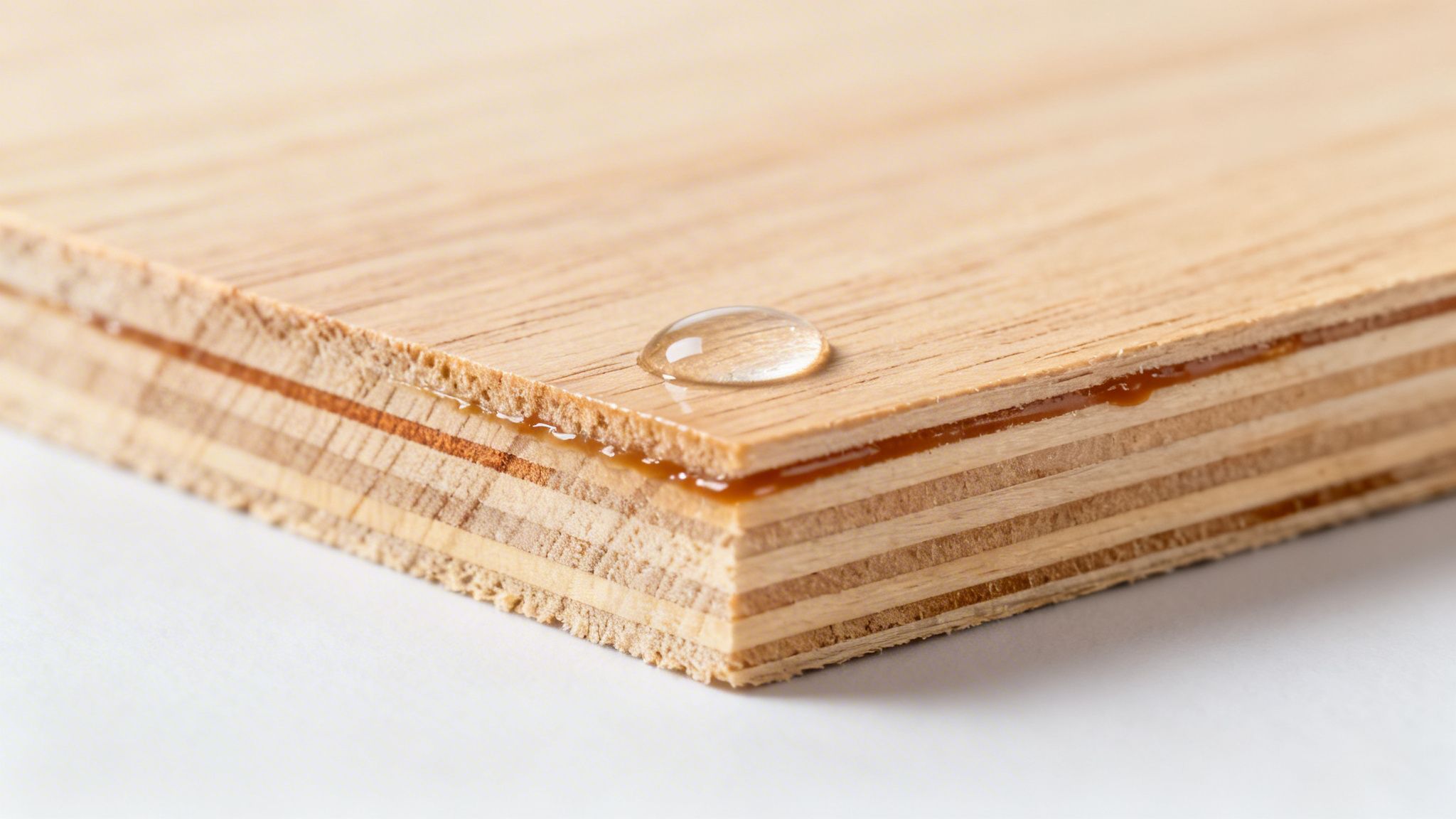 Vanddråbe på krydsfiner, der viser dens vandafvisende overflade og lagdelte struktur.