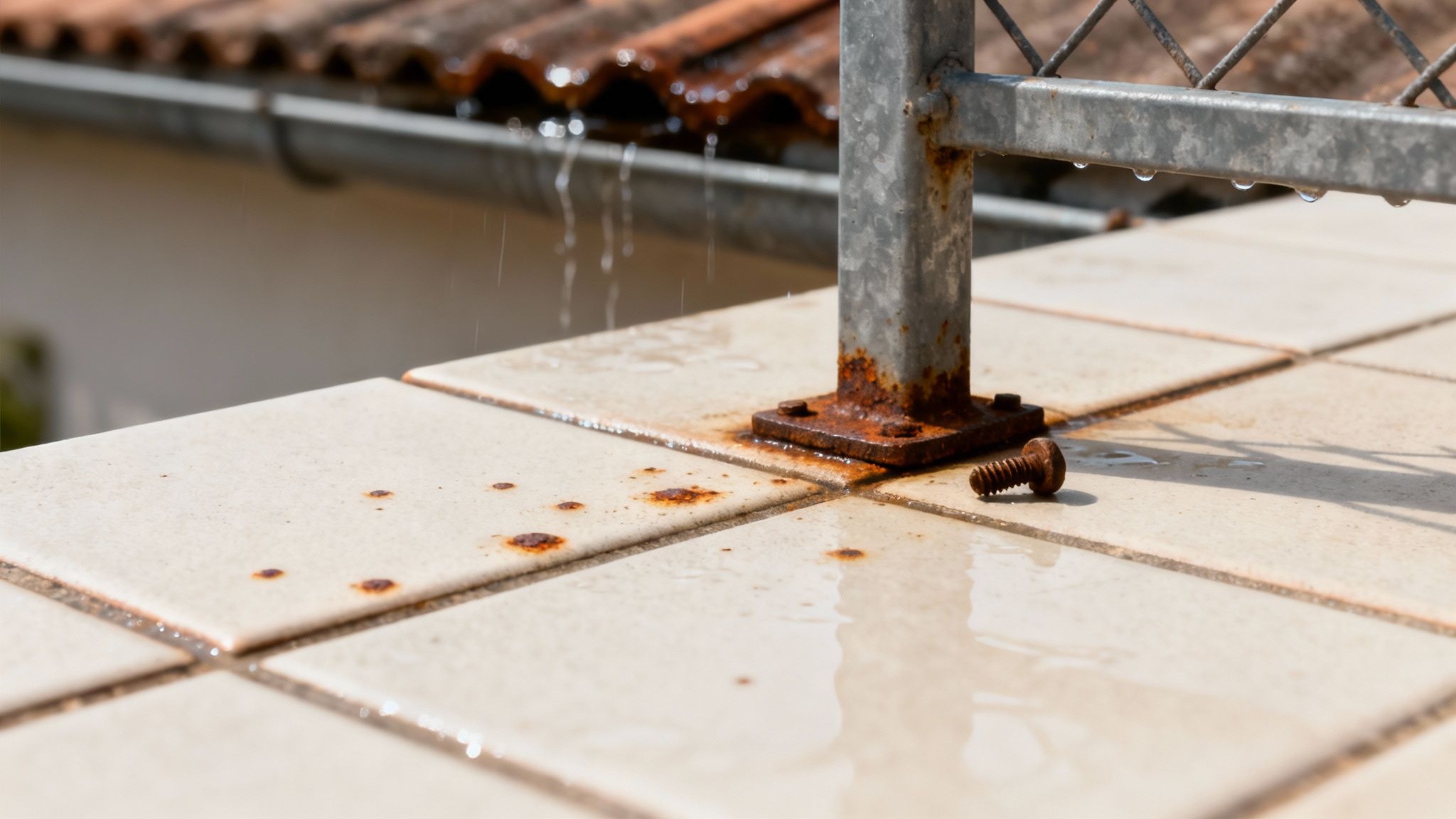 En person renser en meget rusten flise med en børste