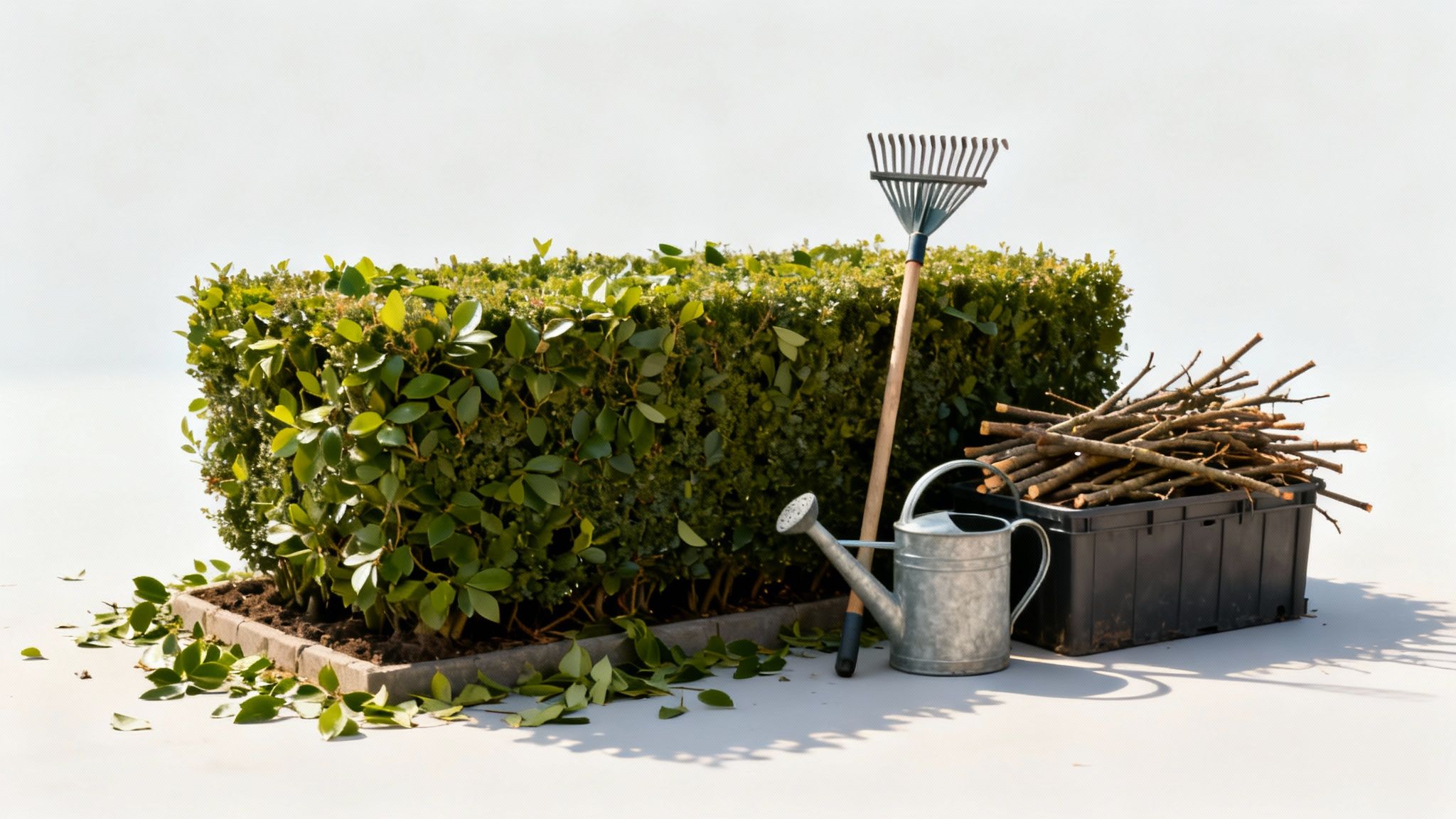 Havearbejde med en nyklippet hæk, en rive, vandkande og afklippede grene på jorden.