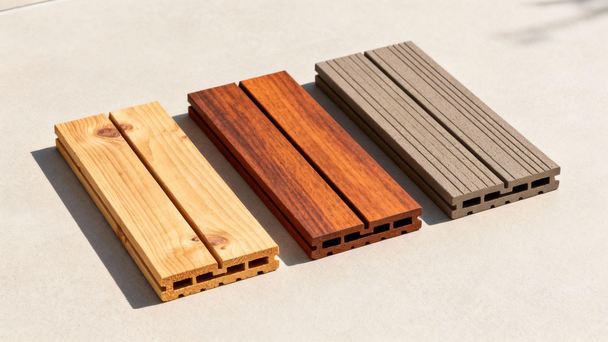 Tre forskellige typer terrassebrædder, lyst træ, mørkt træ og komposit, ligger på en lys overflade.