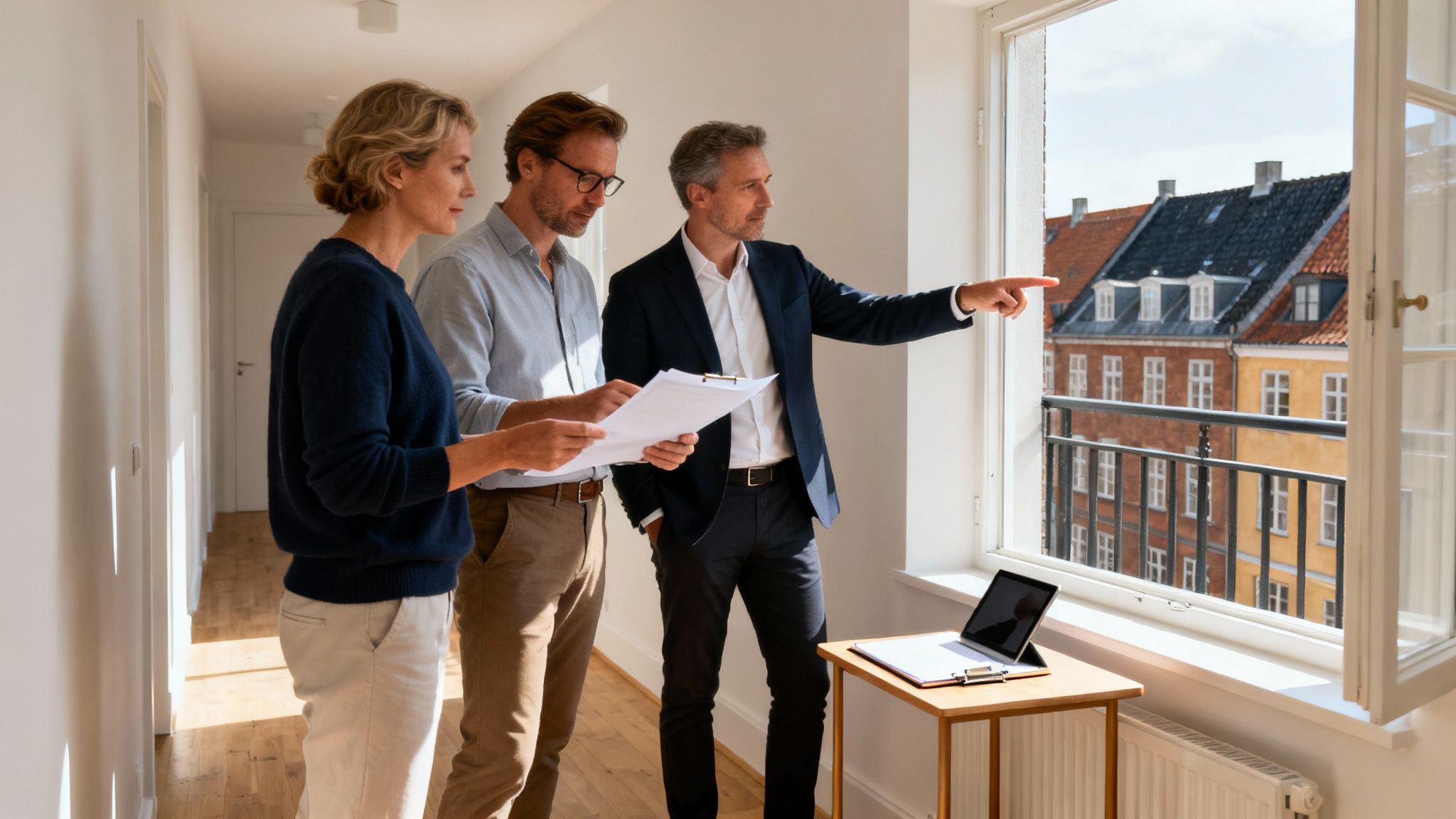 Ejendomsmægler viser lejlighed frem for par og peger ud af vinduet mod bygninger.