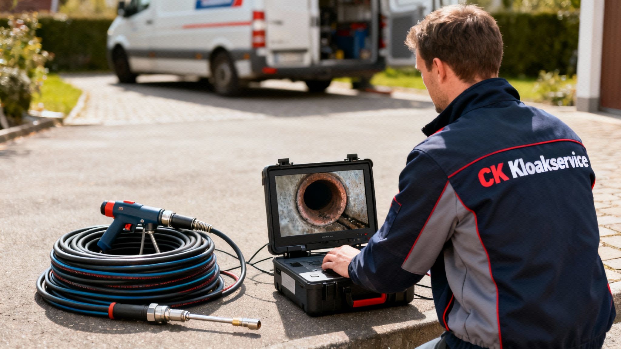 En kloakservicemedarbejder inspicerer et afløb med kameraudstyr, hvor skærmen viser indersiden af et rør.