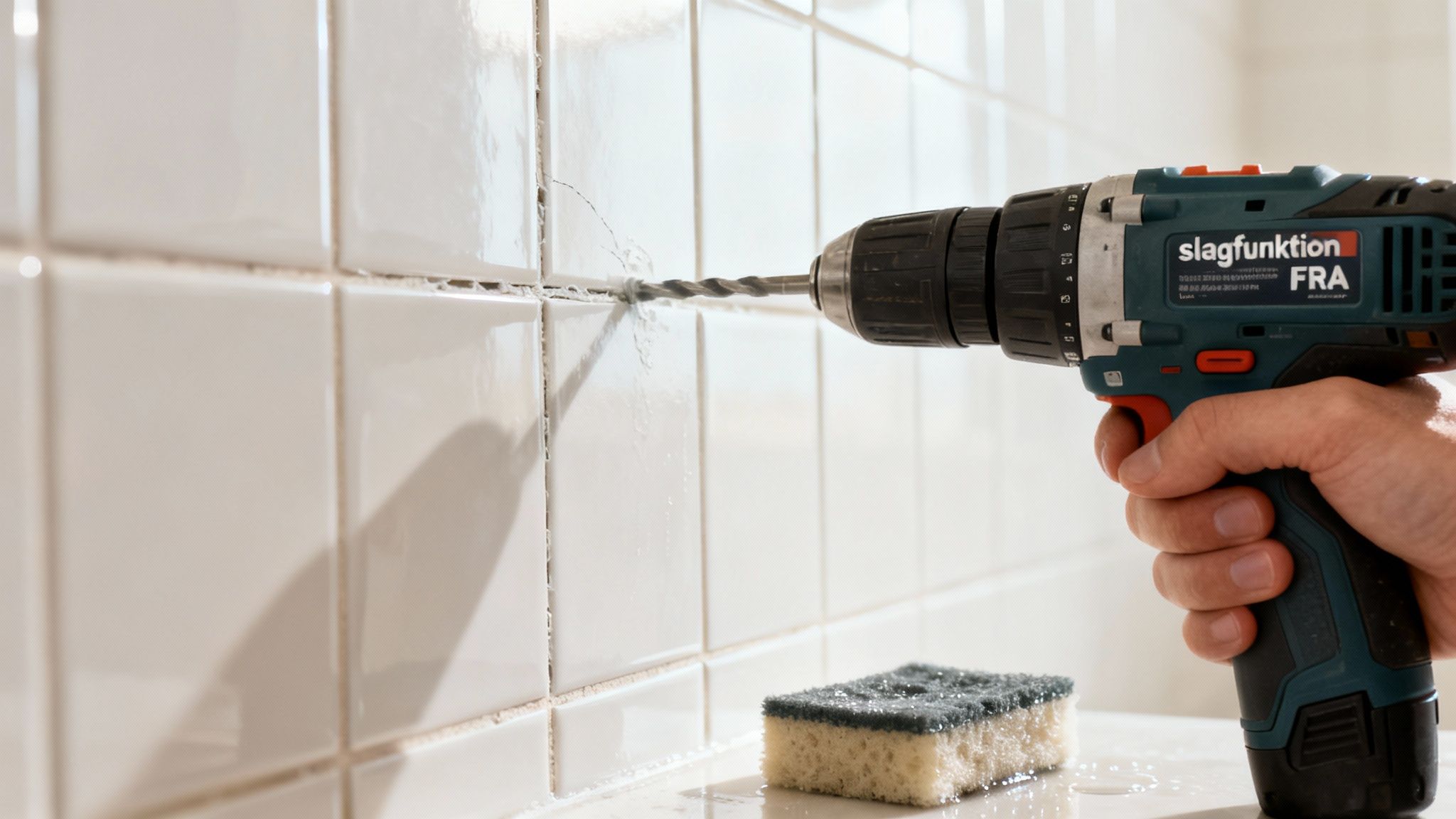 En person borer et hul i hvide badeværelsesfliser med en elektrisk boremaskine. En våd svamp ligger på bordet nedenfor.