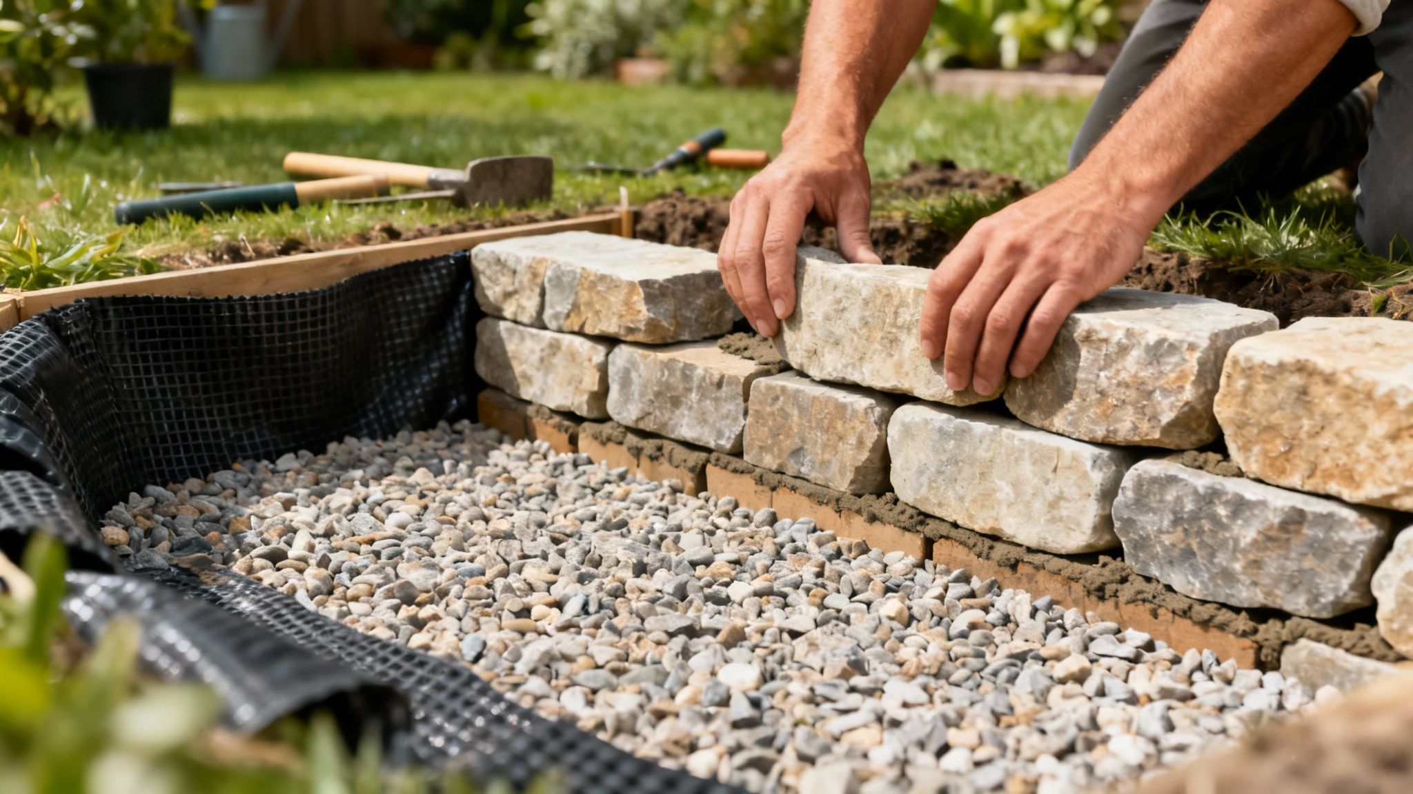 Mand bygger et højbed i haven med natursten og grus, der skaber et nyt plantebed.