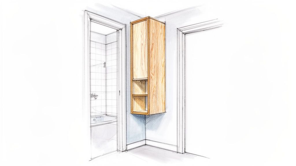 Håndtegnet skitse af et smalt træskab monteret i et hjørne, ved siden af en dør til et badeværelse med badekar.