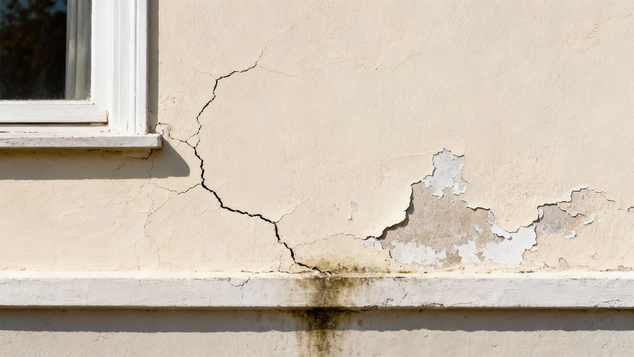 Væg med tydelige revner og afskallende maling ved et hvidt vindue, samt fugt og vandskader.
