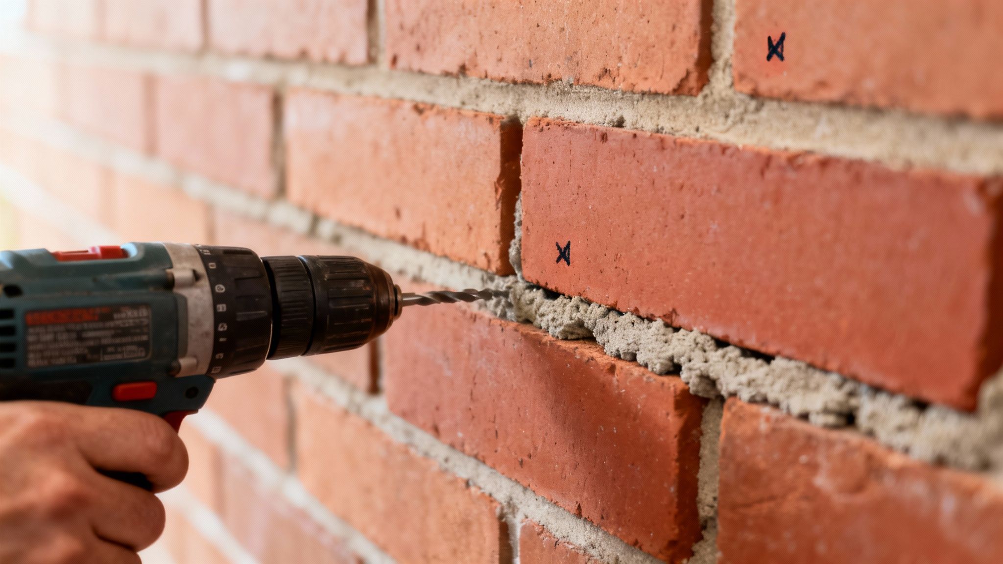 Hånd holder boremaskine, der er ved at bore i en rød murstensvæg med to markerede borepunkter.
