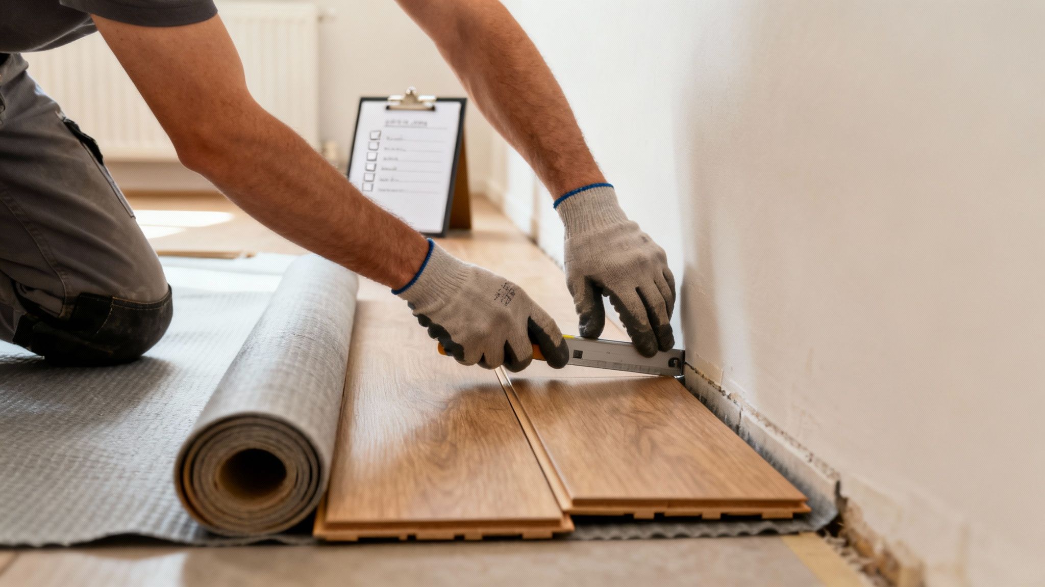 En tømrer i færd med at lægge et grønt underlag ud på et gulv, klar til det nye klikgulv.