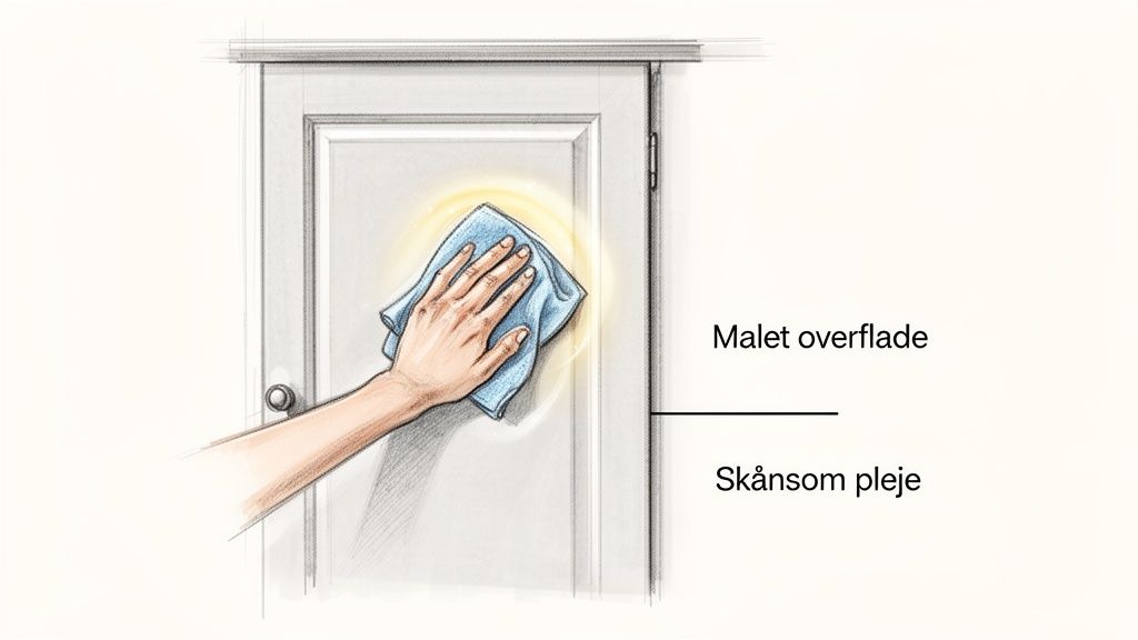 En hånd rengør forsigtigt en malet køkkenlåge med en blød, blå klud, der fremhæver skånsom pleje.