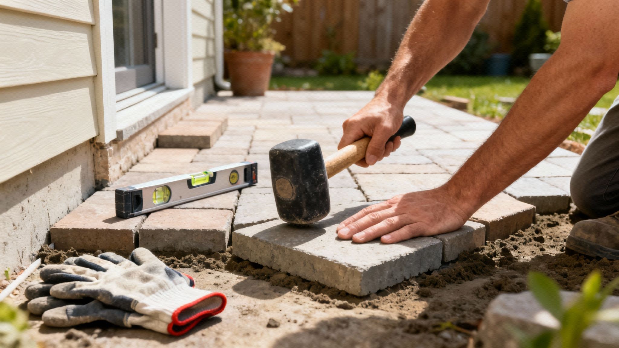 En person lægger belægningssten med en gummihammer, vaterpas og arbejdshandsker i nærheden.