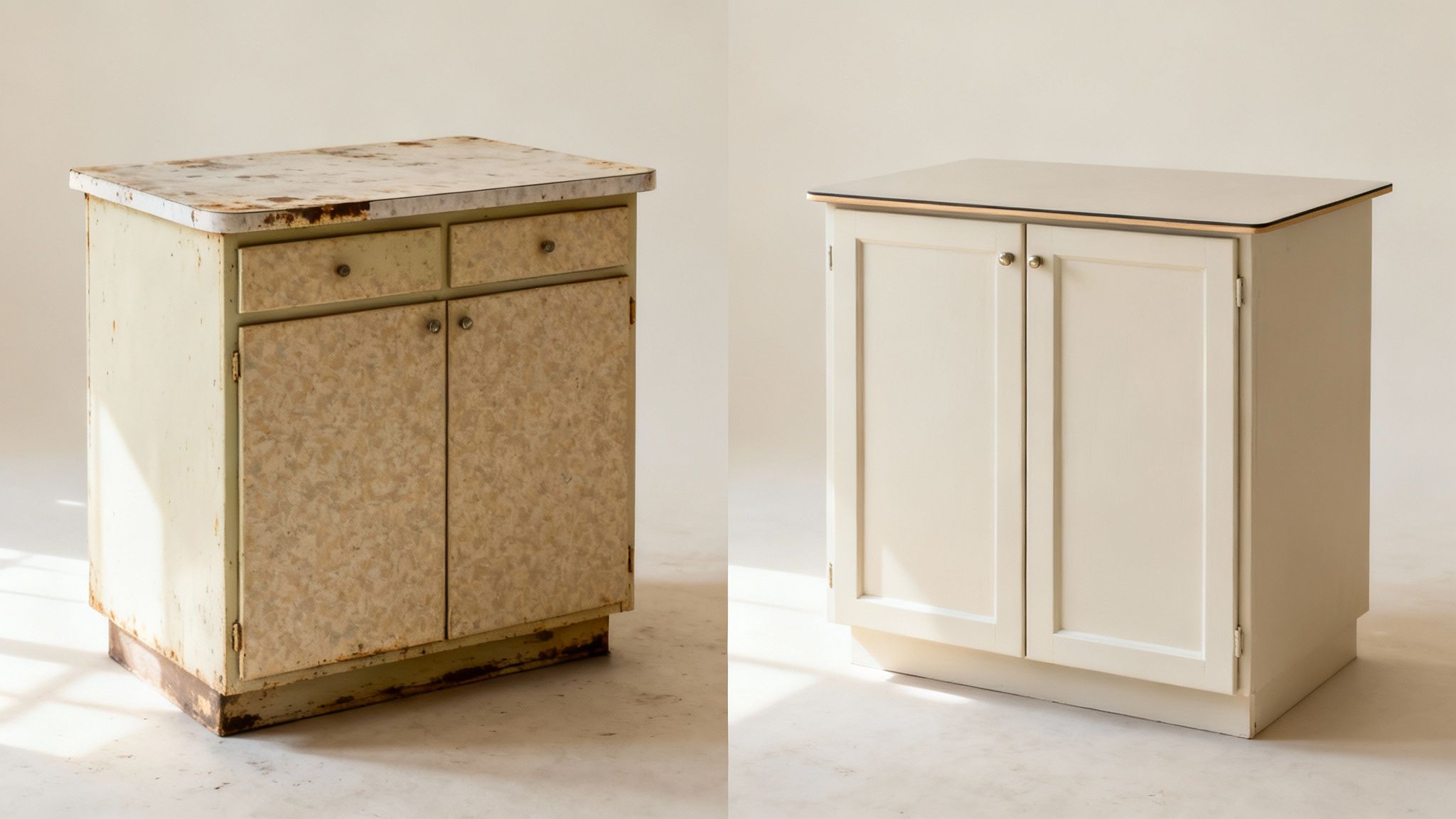 Før og efter billede af et renoveret køkkenskab, fra gammelt og rustent til nyt og frisk.