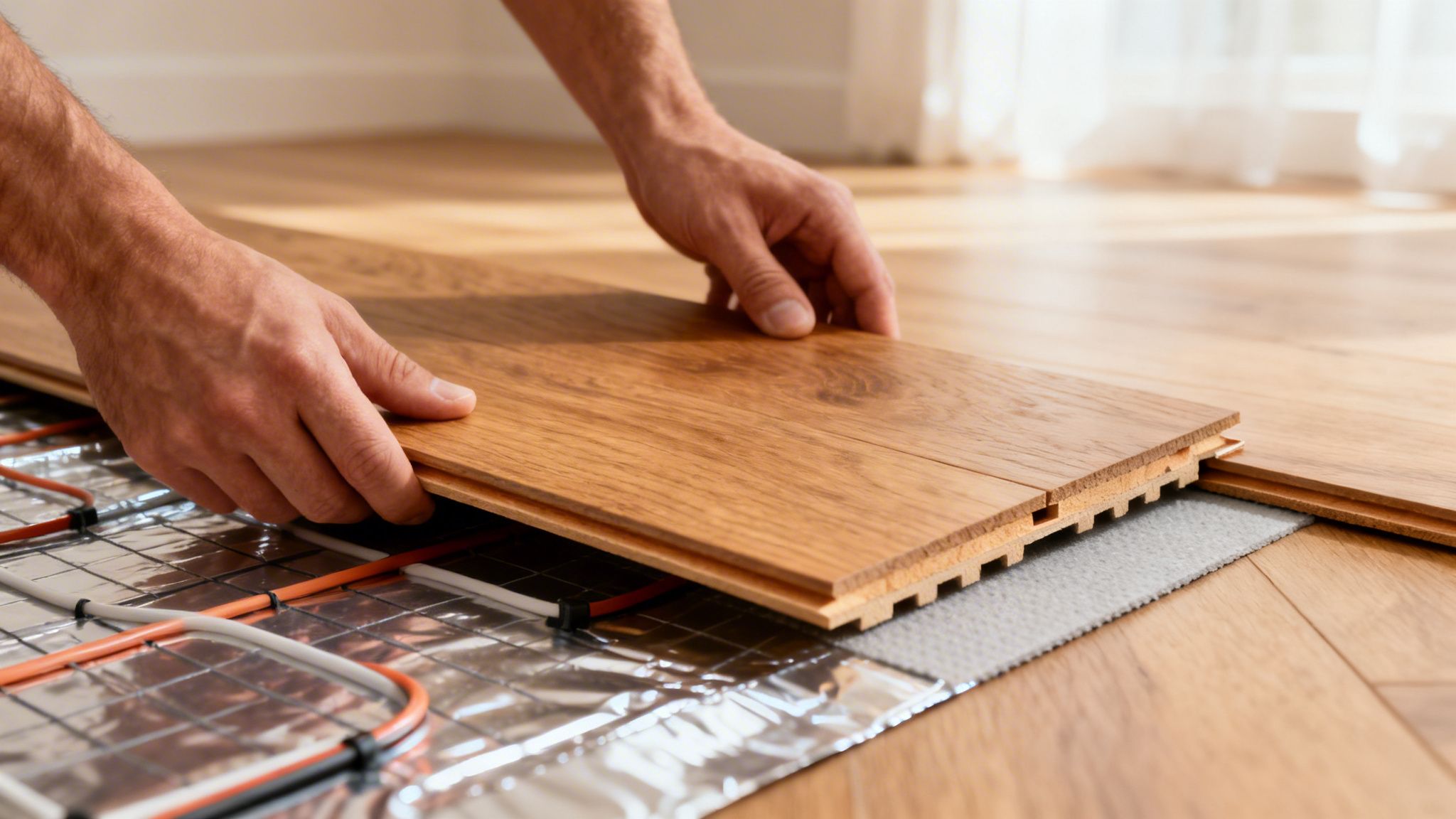 En professionel installerer trægulv over et nyinstalleret elektrisk gulvvarmesystem i et moderne hjem.
