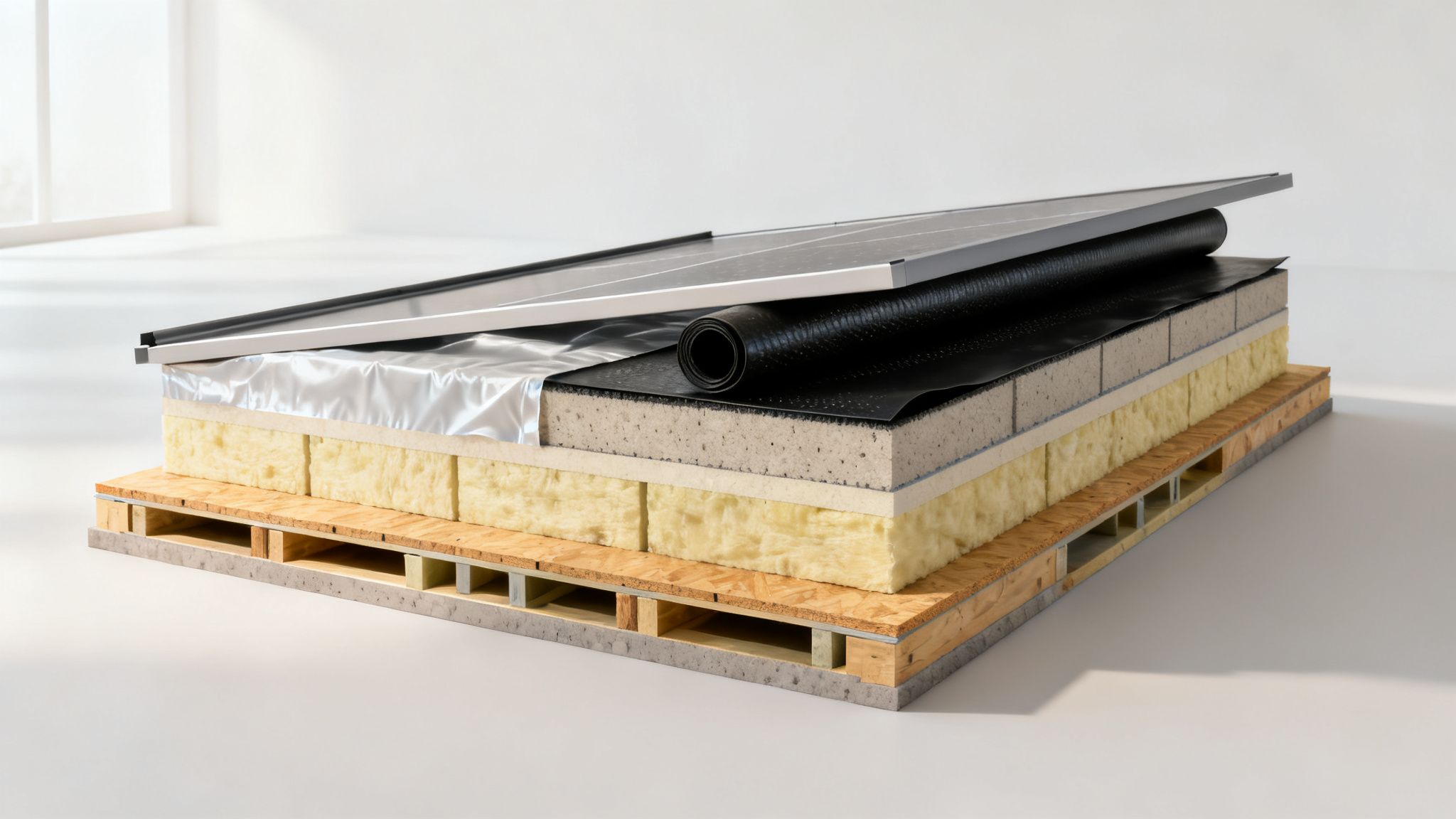 Opbygning af fladt tag med flere lag, inklusive isolering, dampspærre, tagpap og solpanel.