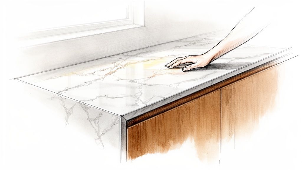 En hånd rører ved en hvid marmorplade med gyldne årer på et køkkenbord ved et vindue.