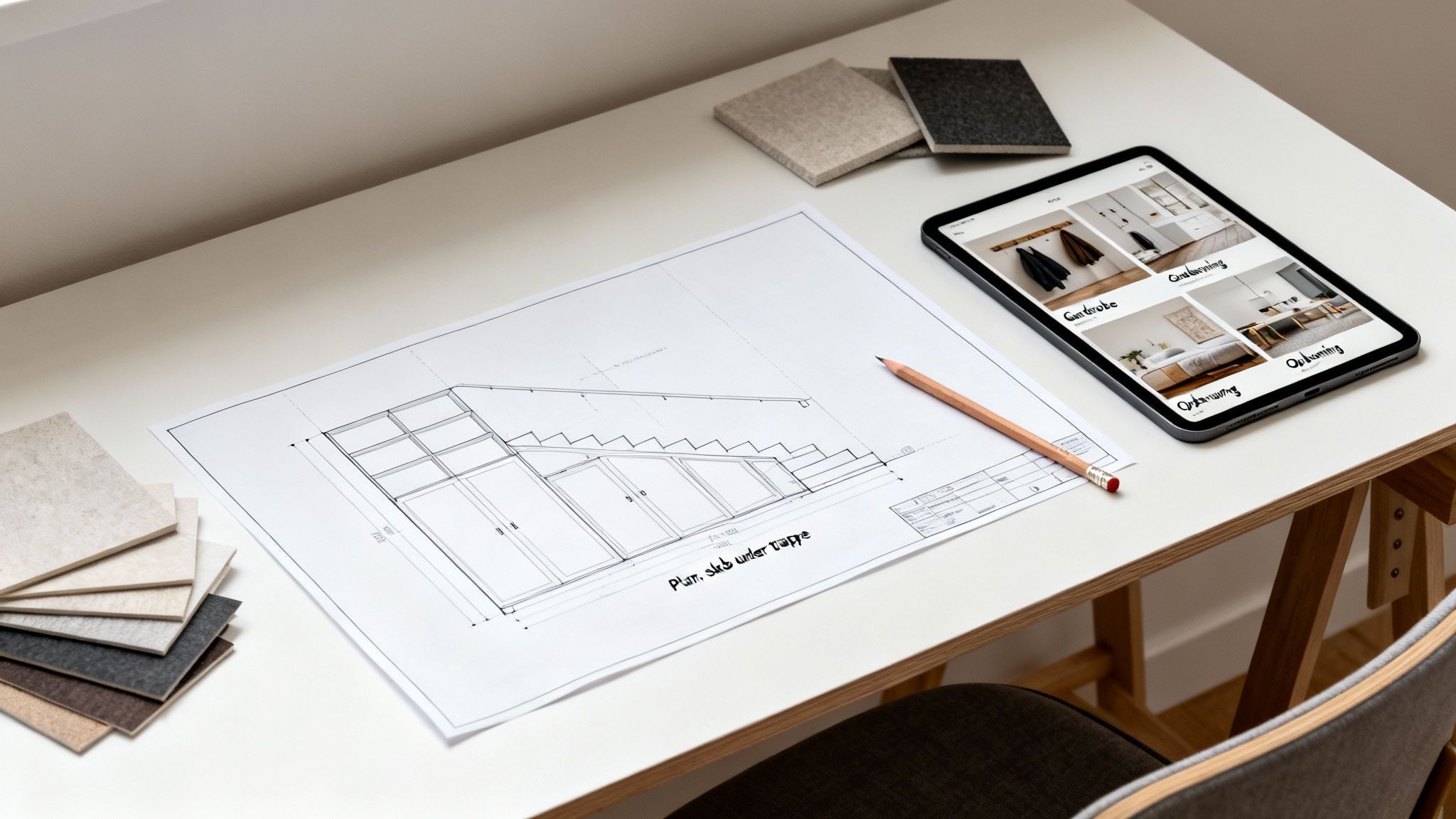 Skrivebord med tegning af skab under trappe, farveprøver og tablet med indretningsinspiration.