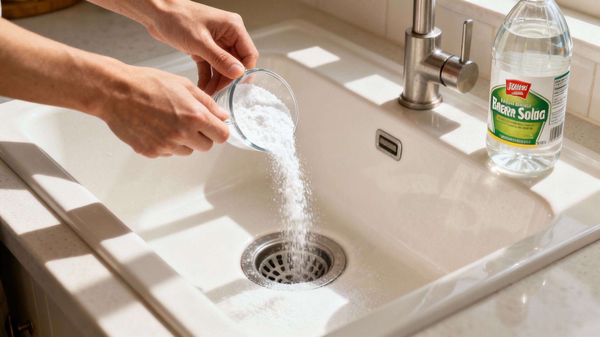 En person der bruger bagepulver og eddike til at rense et afløb.