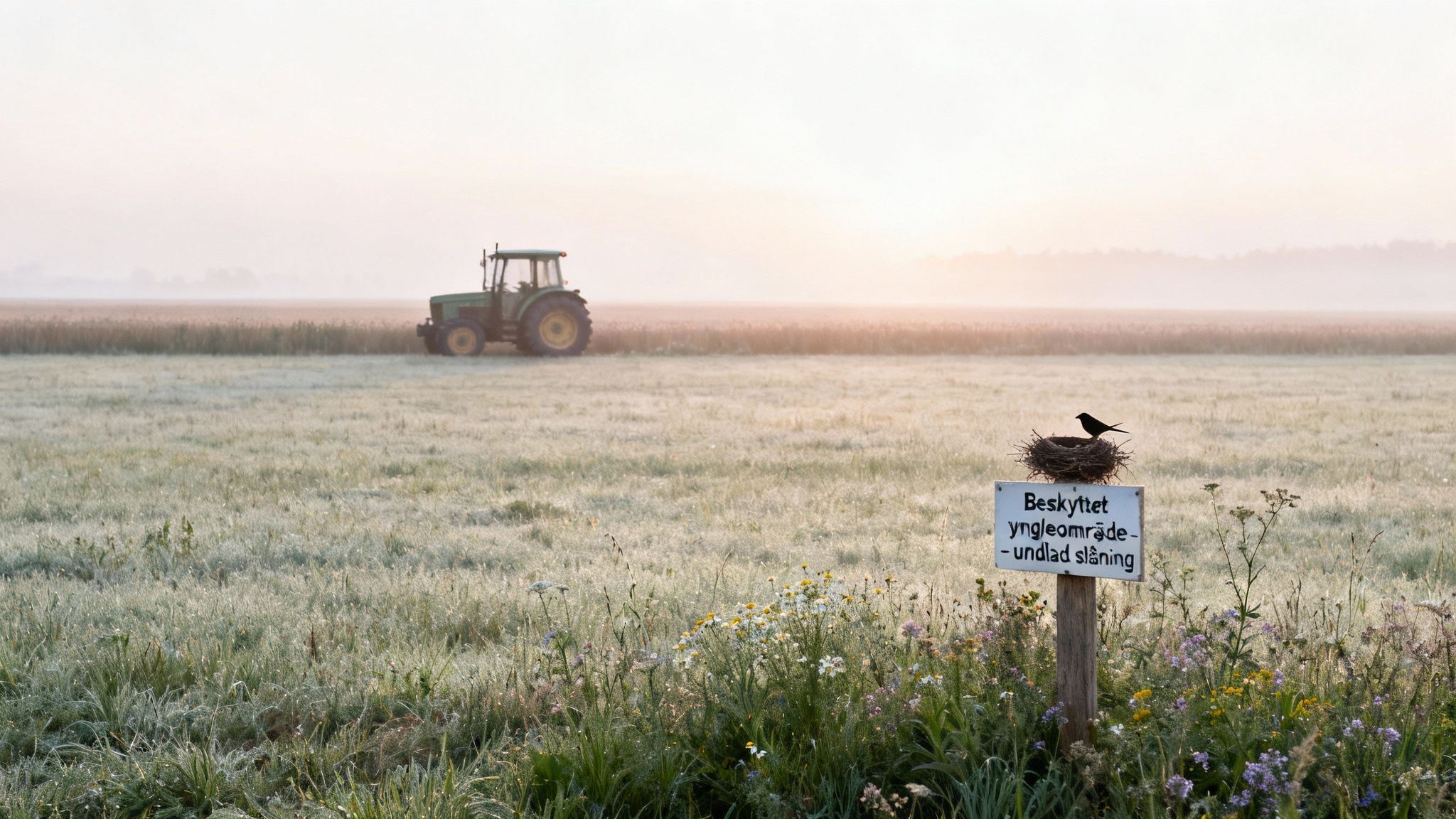 En mark ved solopgang med dug på græsset, en traktor i baggrunden, og et skilt med en fugl i rede, der viser et beskyttet yngleområde.