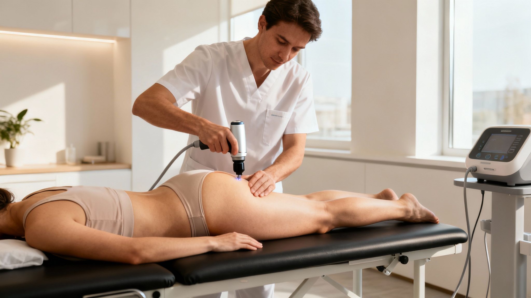 En mandlig terapeut behandler en kvindes hofte med medicinsk udstyr på en klinik.