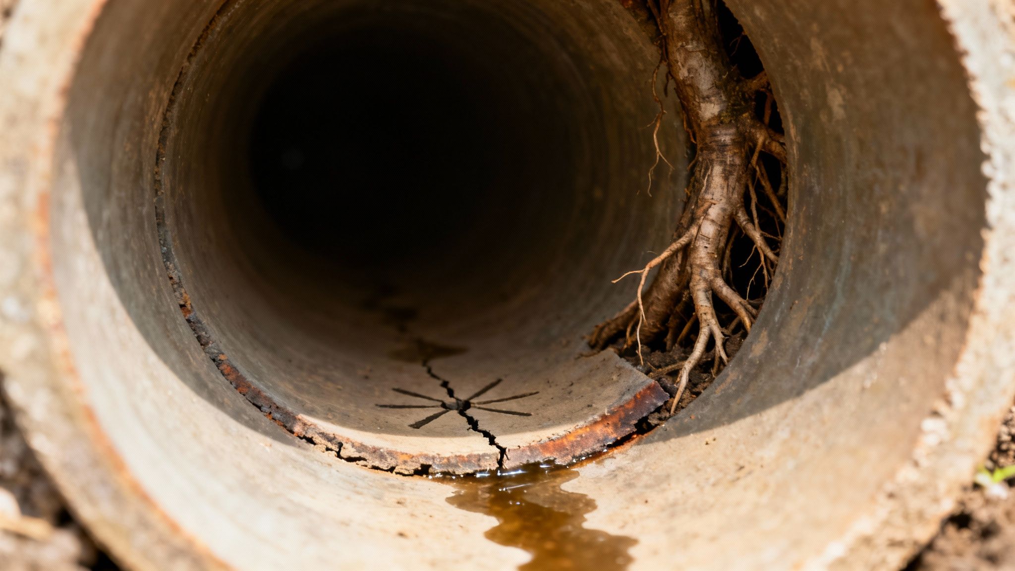 Et beskadiget kloakrør indefra med trærødder, en stor revne og siverende vand.