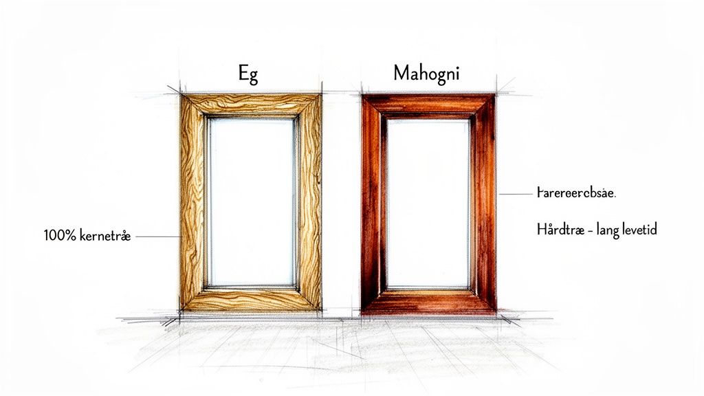 To vinduesrammer i eg og mahogni, der fremhæver træsorternes egenskaber som kernetræ og lang levetid.