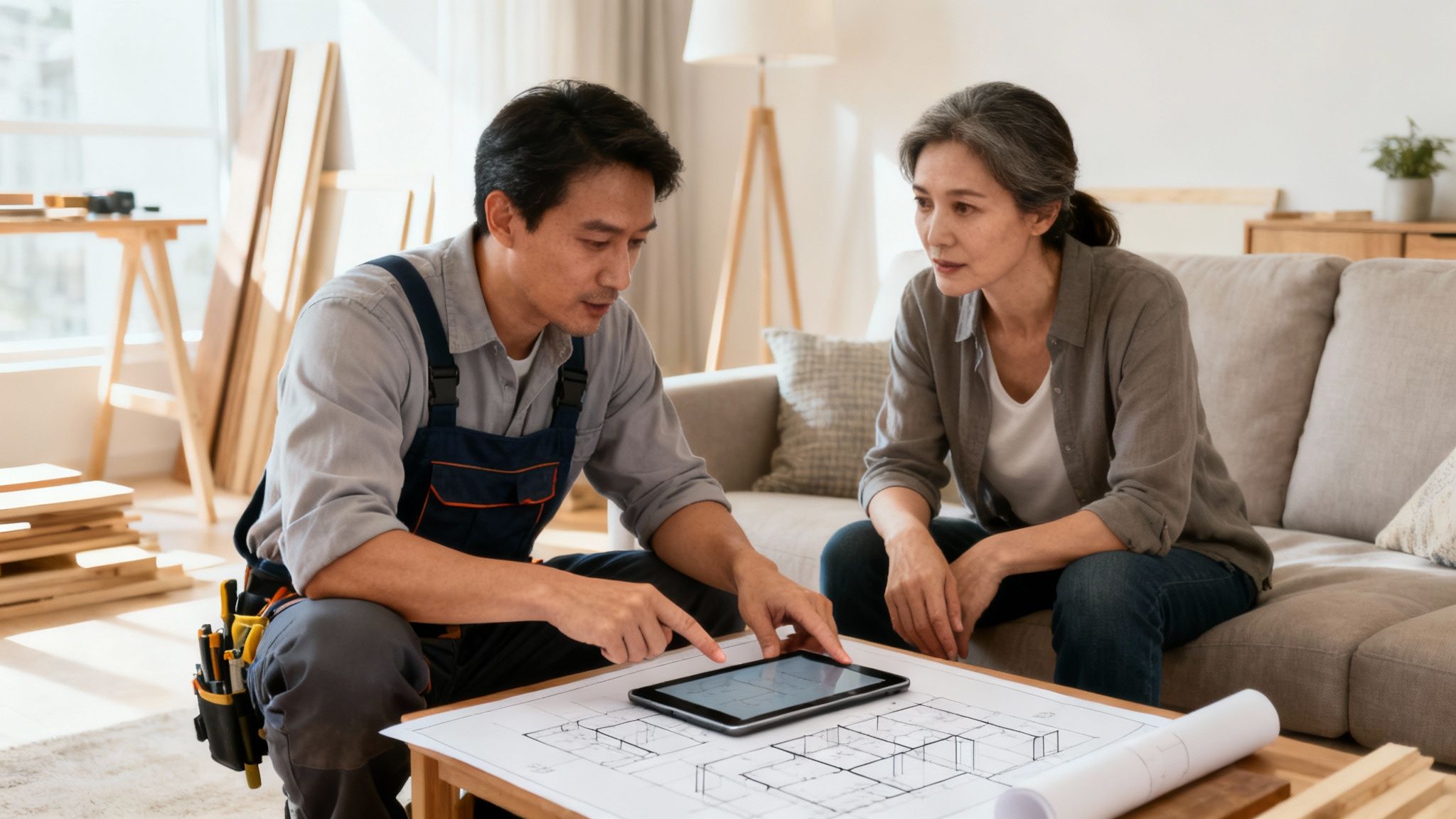 Tømrer diskuterer byggeplaner på en tablet med en kvindelig kunde i et hjem.