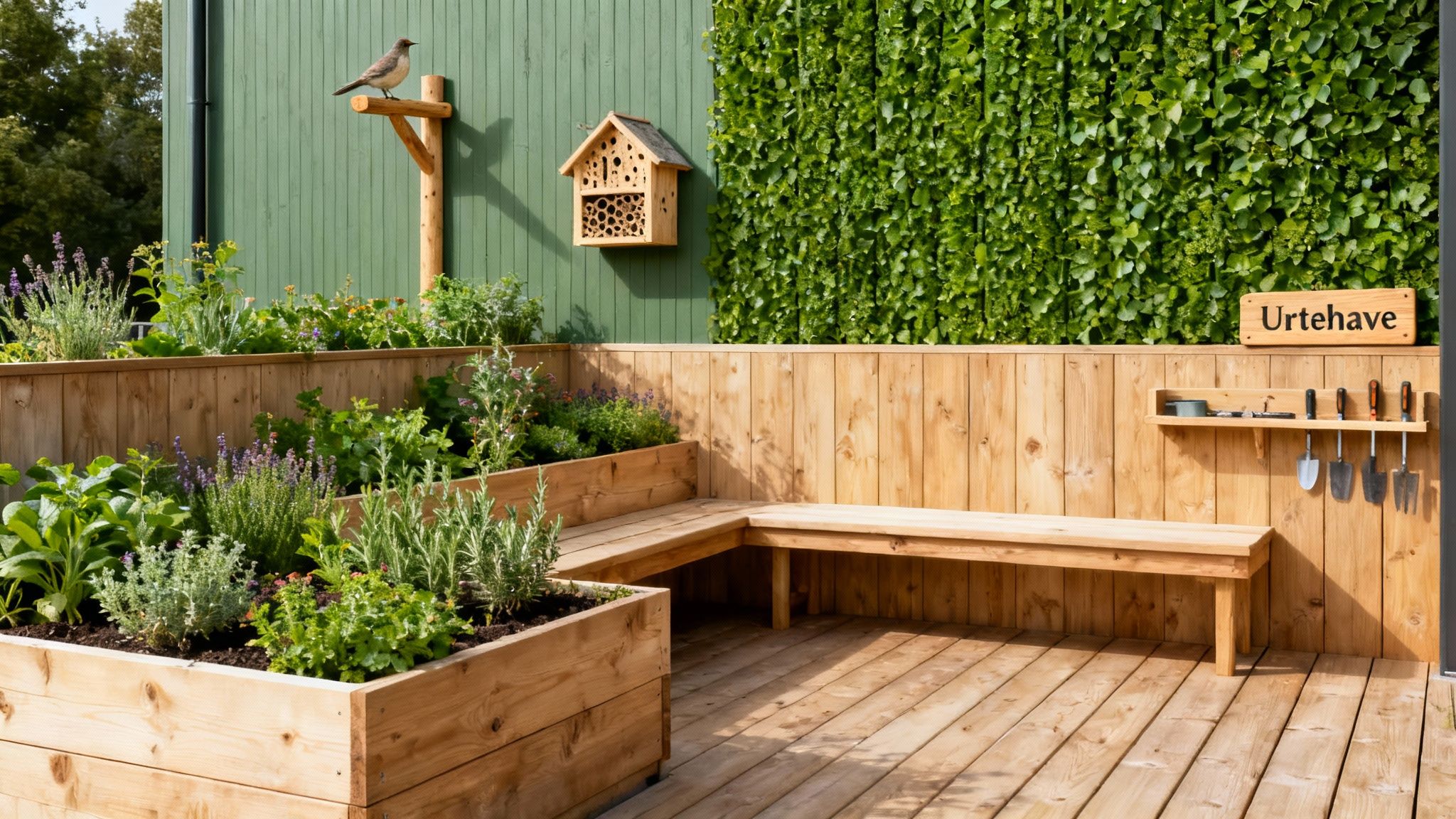 En hyggelig have med træterrasse, højbede, siddeplads og en levende grøn væg.
