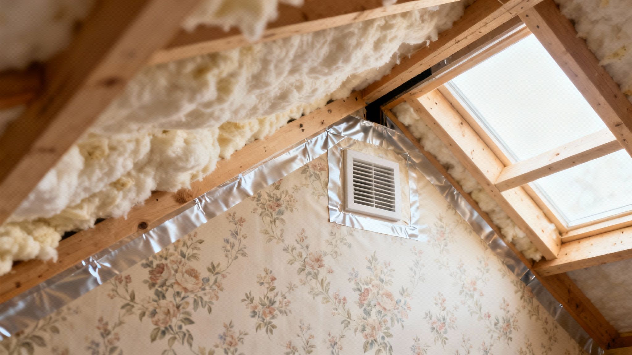 Loftrenovering med synlige trækonstruktioner, isoleringsuld og ovenlysvindue i skråvæg under ombygning