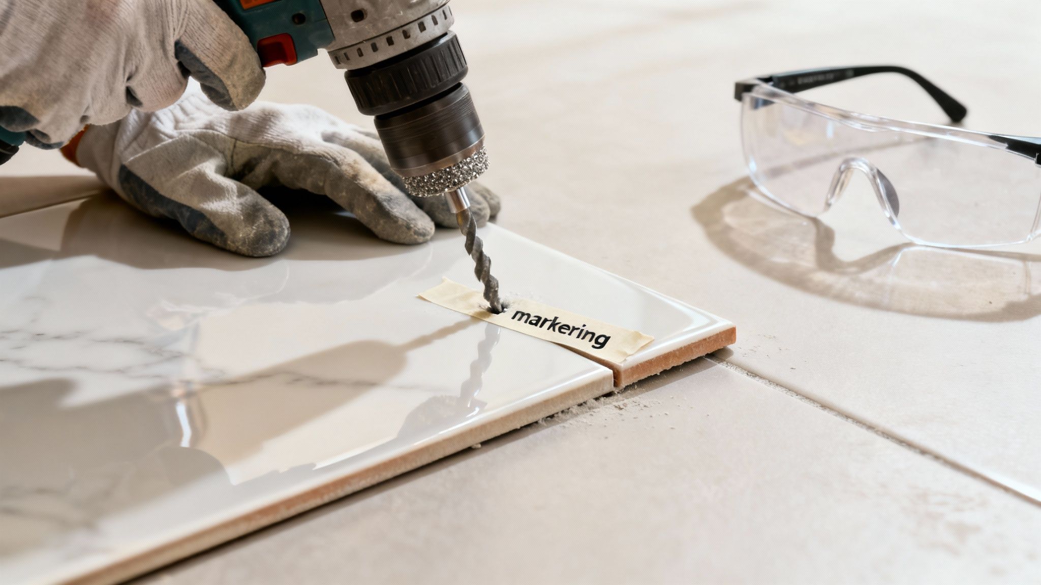 Nærbillede af en person i handsker, der borer et hul i en hvid flise med et diamantbor, med sikkerhedsbriller i nærheden.