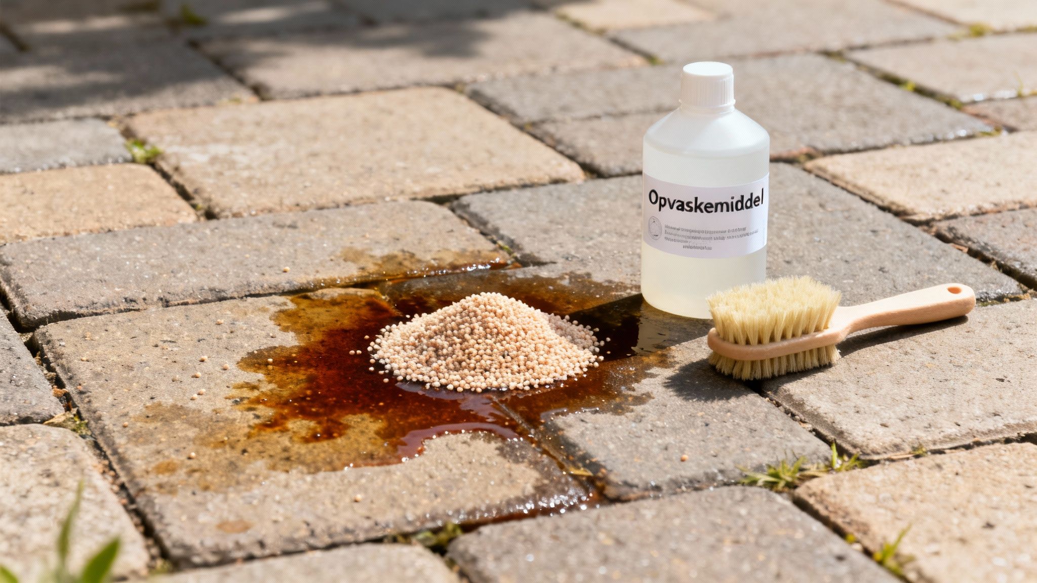 Opvaskemiddel, granulat og børste anvendes til at fjerne en olieflek fra fliserne.